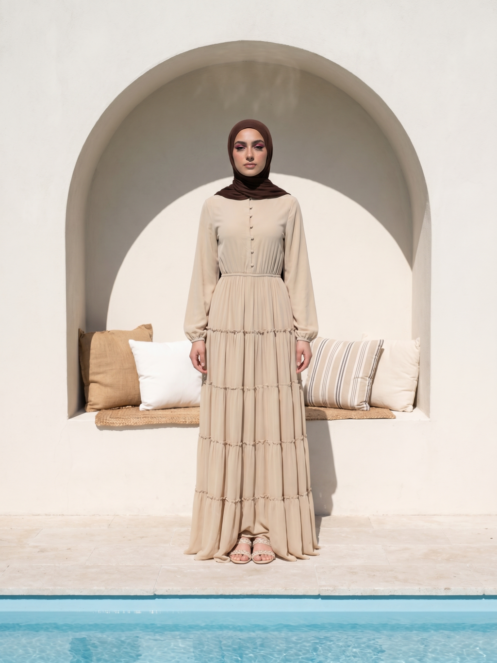 Finnley Beige Tiered Chiffon Maxi Dress