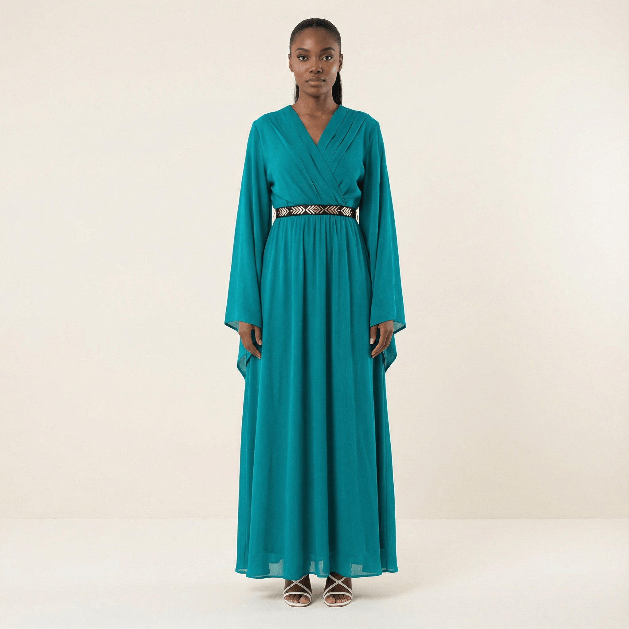 Chandler Turquoise Bell-Sleeve Chiffon Maxi Dress