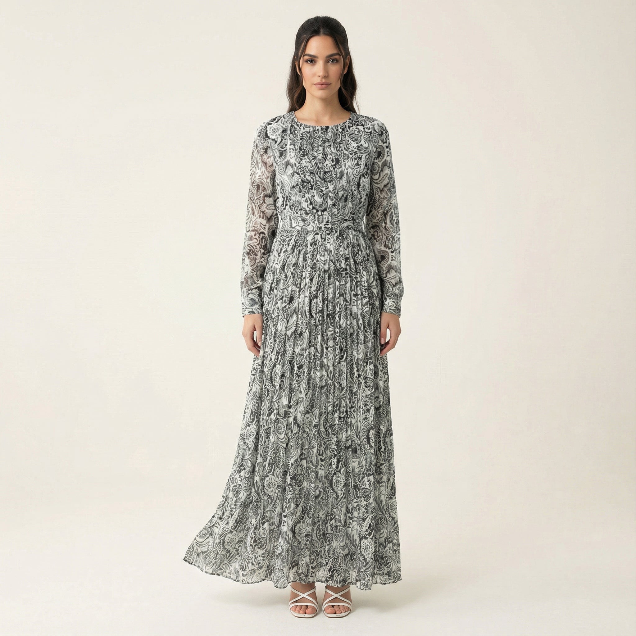 Auden Black Print Silk-Chiffon Shimmer Maxi Dress