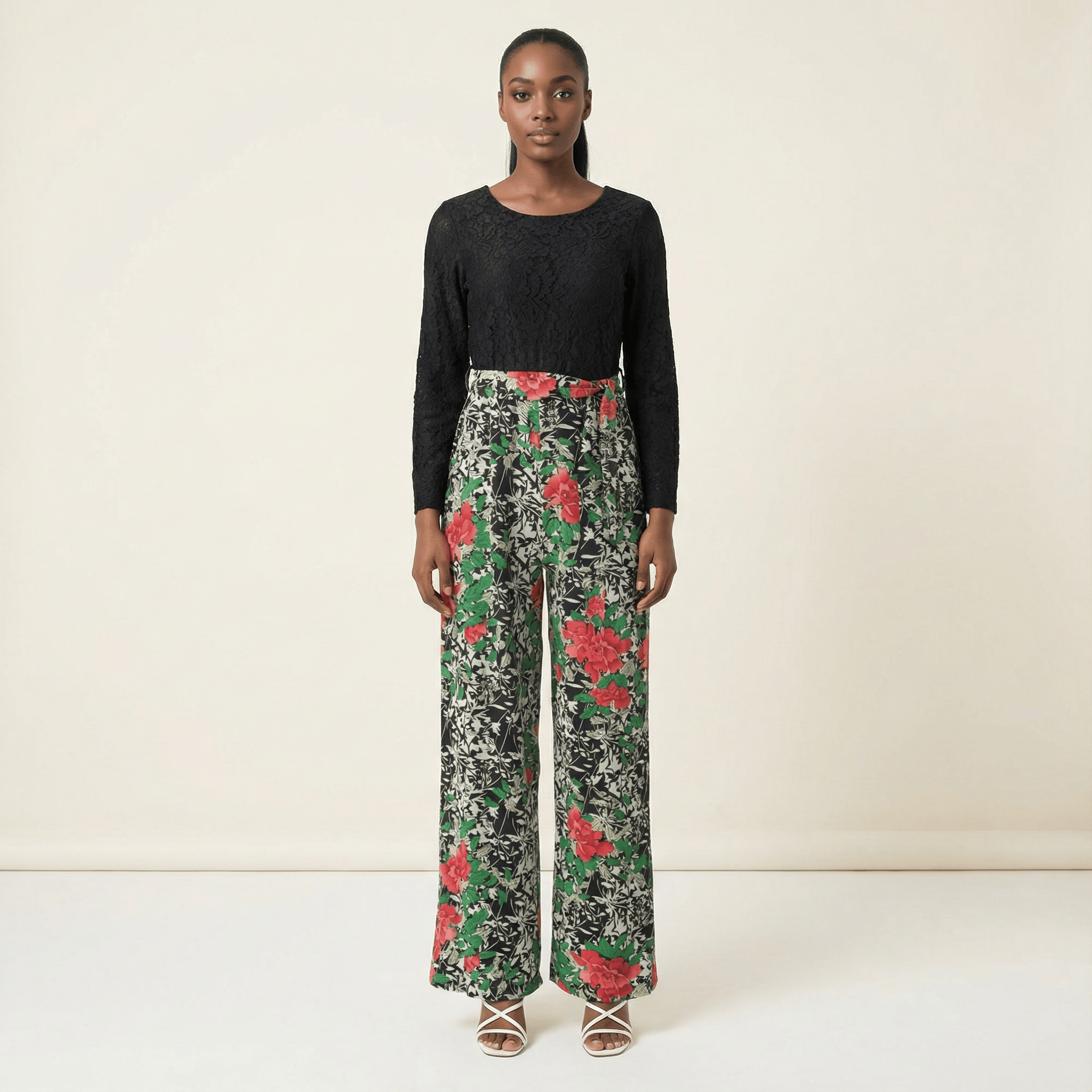 Brynn Black Botanical-Print Jumpsuit