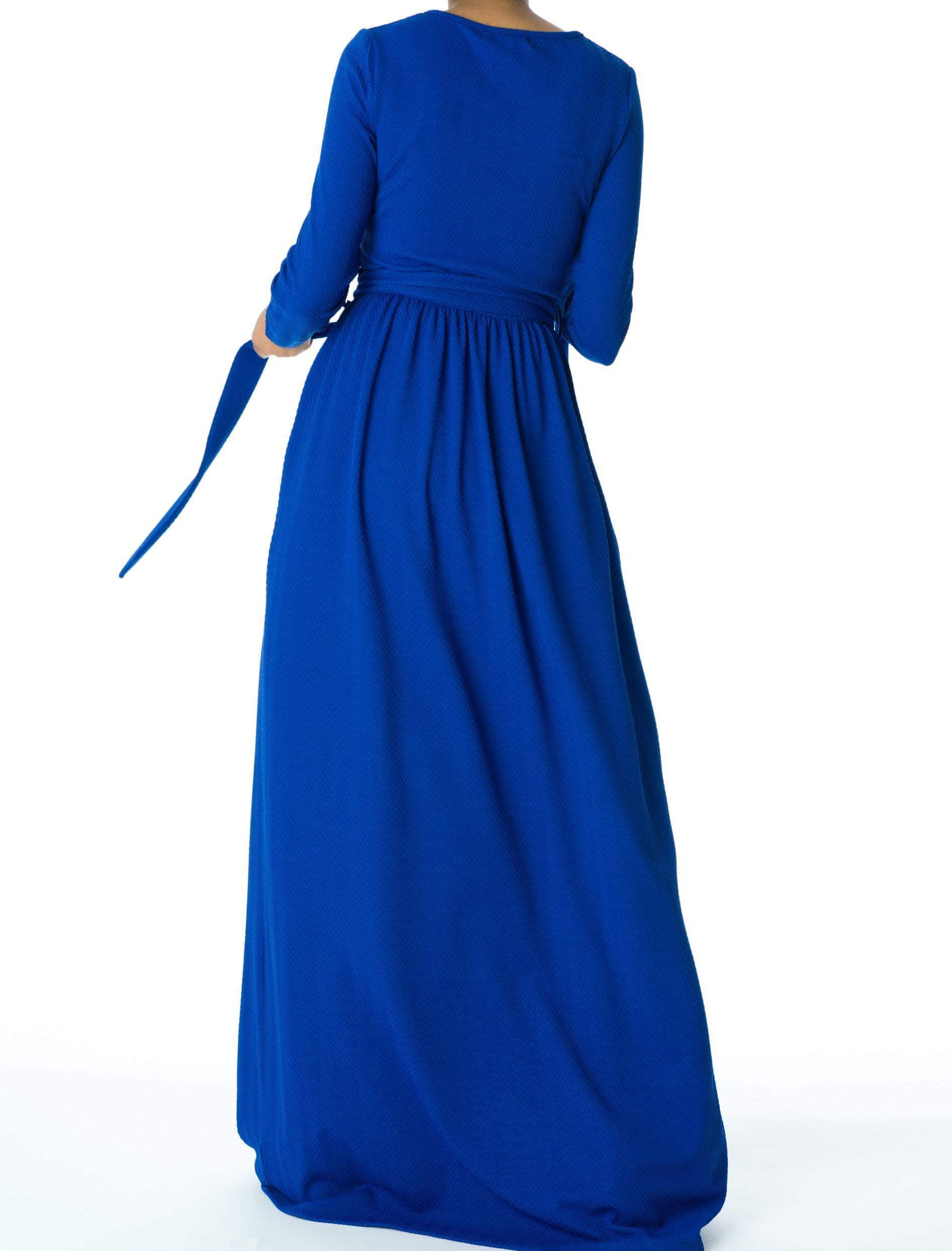 Eleanor Blue Textured Ponte Tie-Waist Maxi Dress