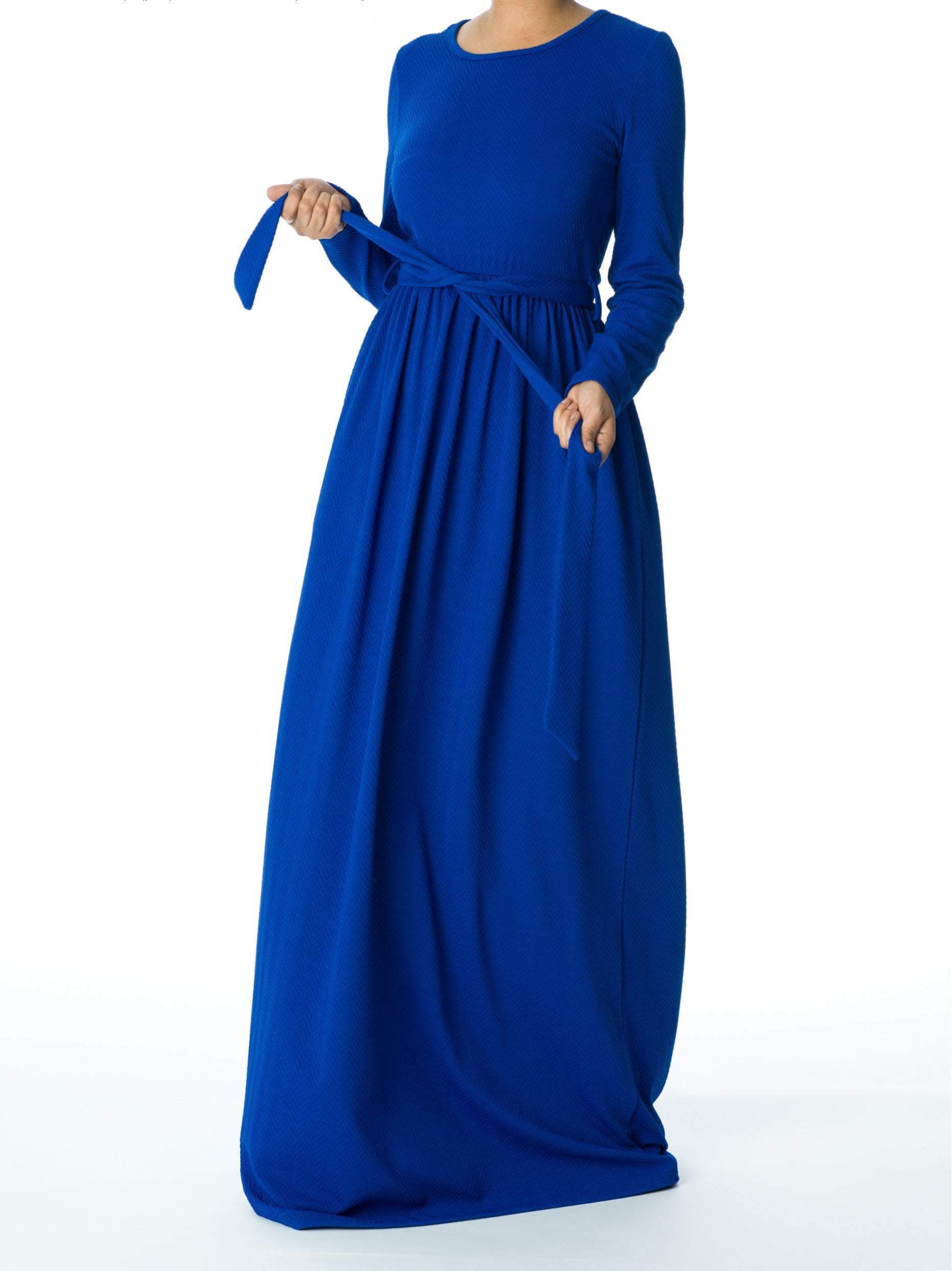 Eleanor Blue Textured Ponte Tie-Waist Maxi Dress