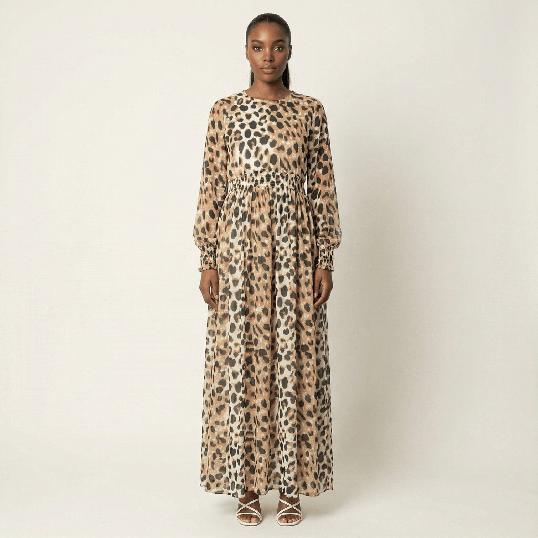 Junia Blush Leopard-Print Ruched Maxi Dress