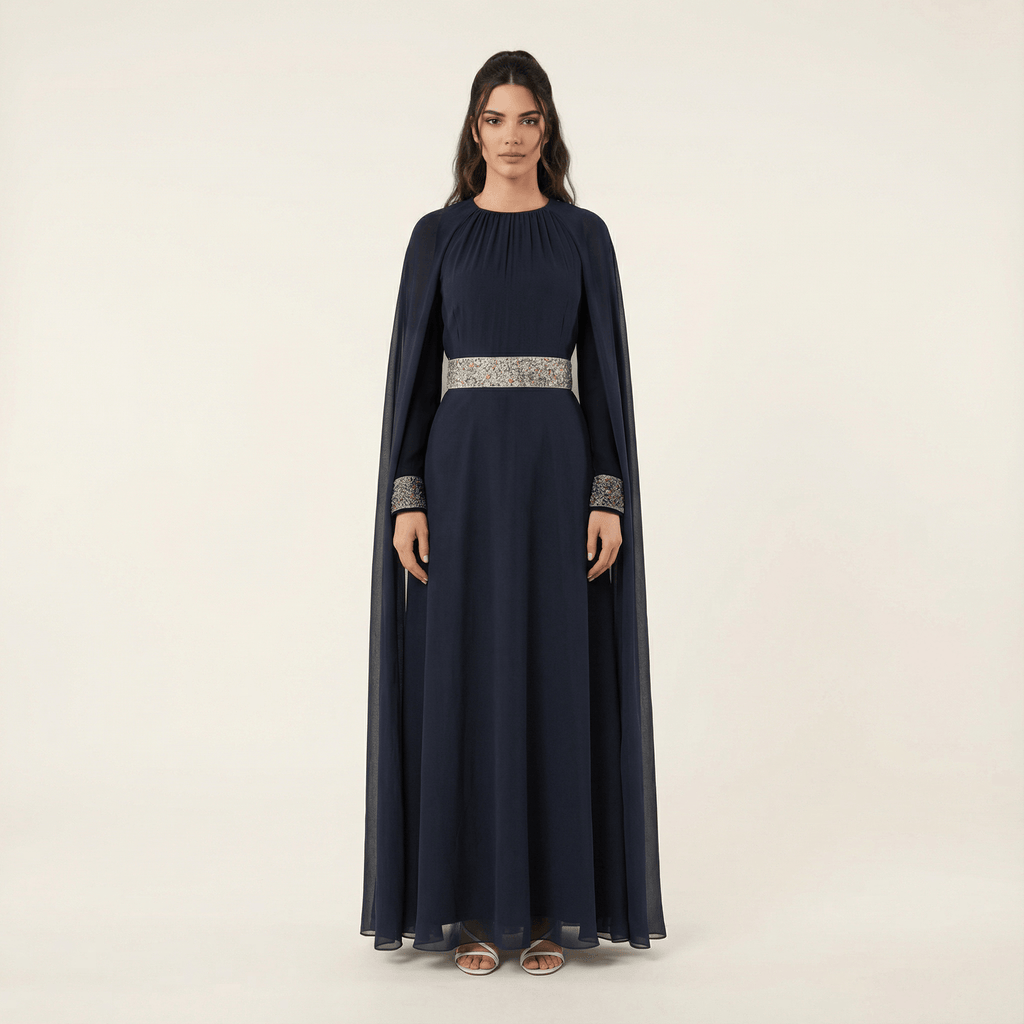 Braelyn Navy Crystal-Detail Cape Gown