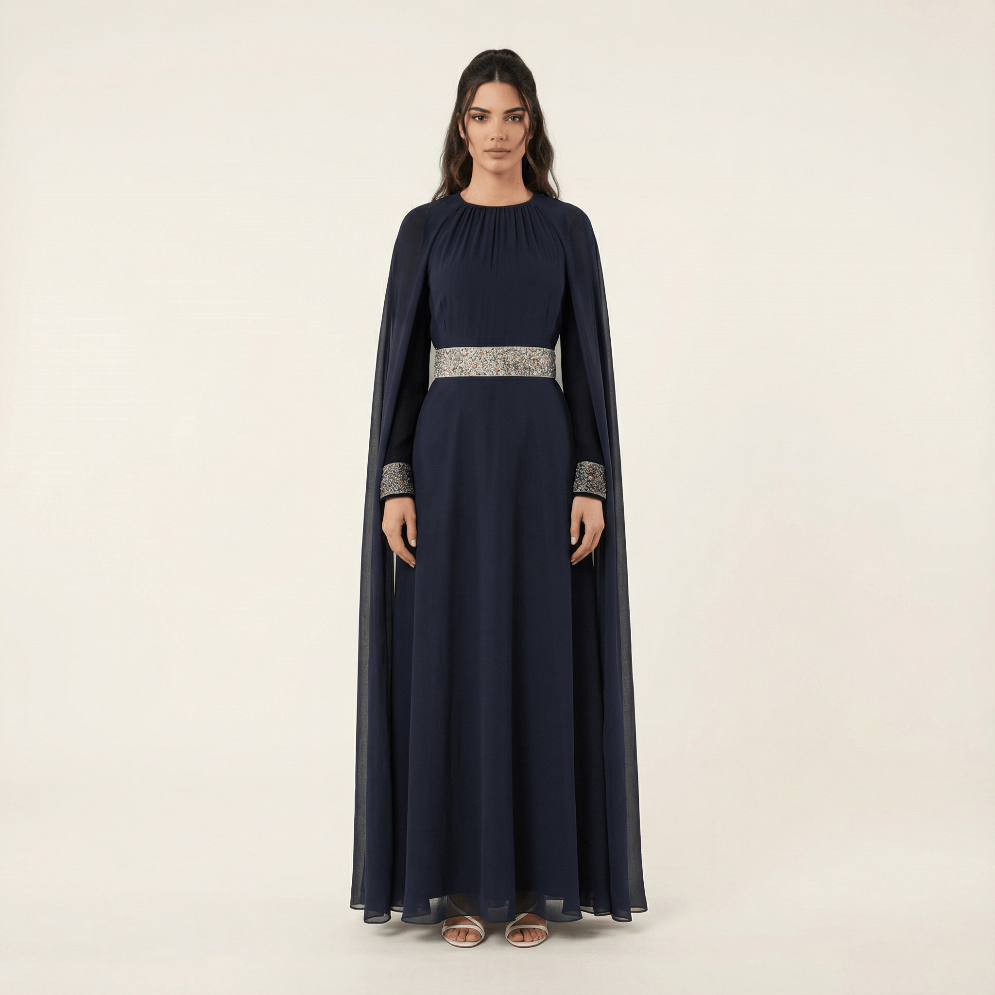 Braelyn Navy Crystal-Detail Cape Gown
