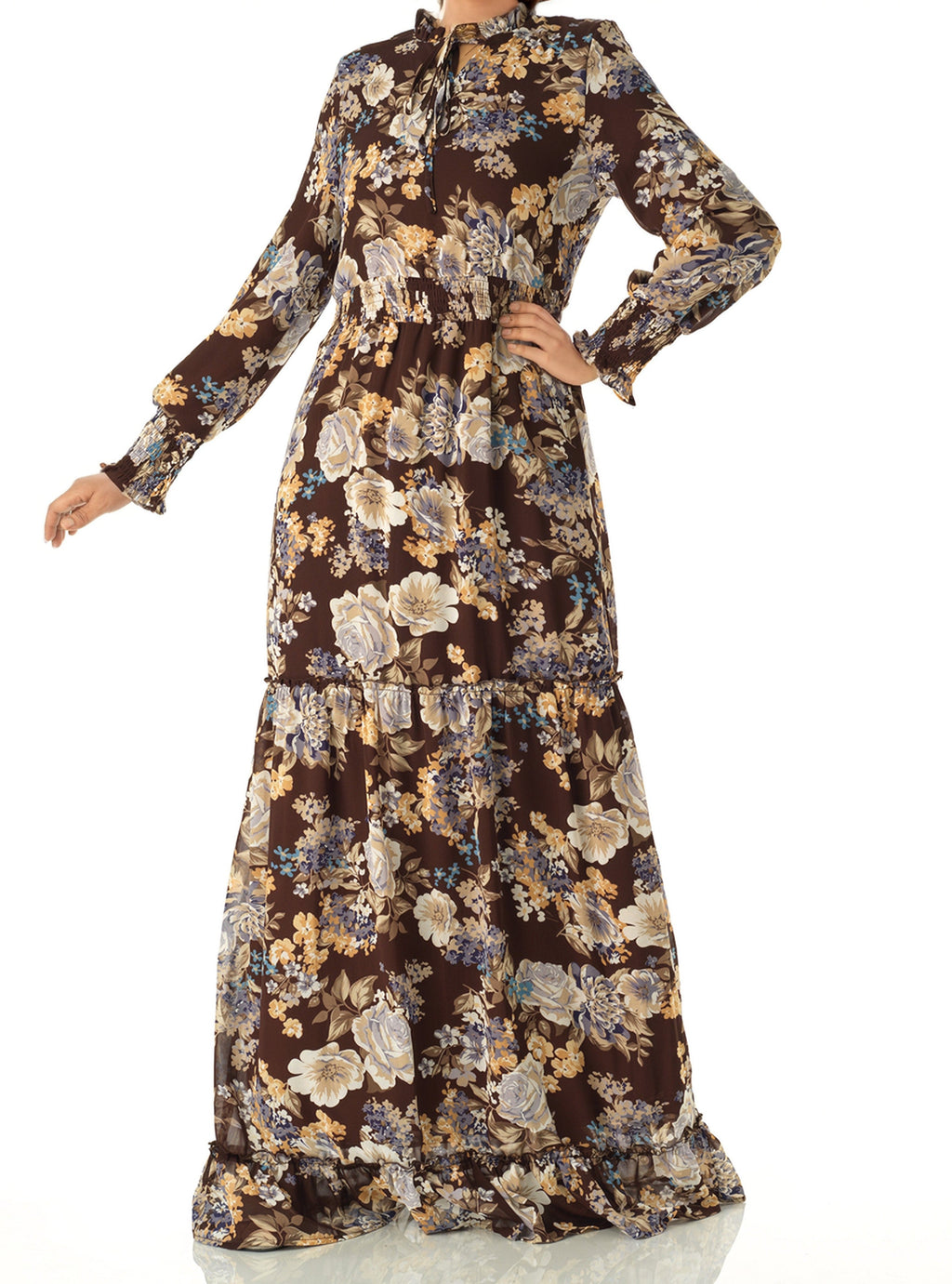 Sophie Brown Floral Smocked Maxi Dress