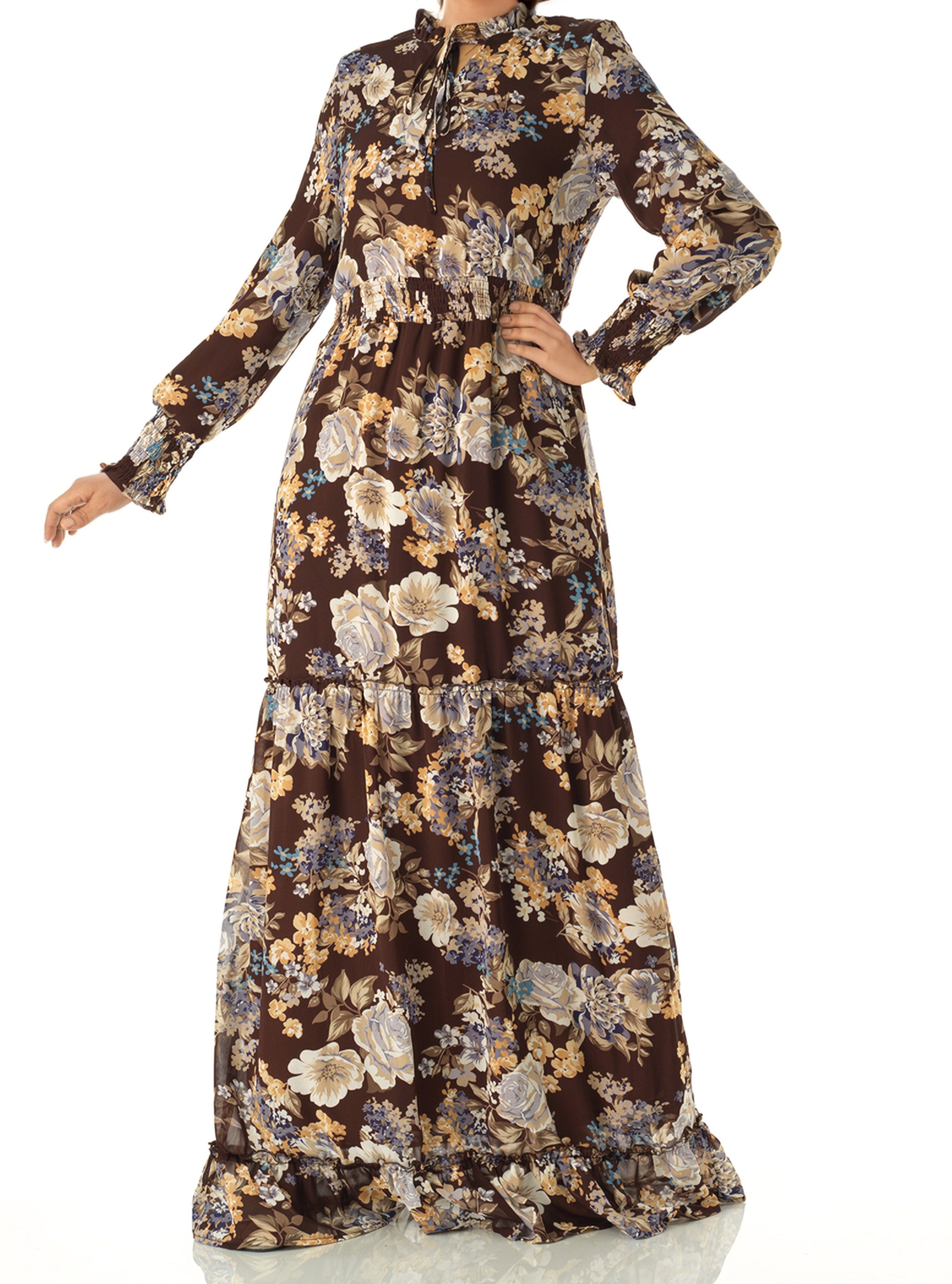 Sophie Brown Floral Smocked Maxi Dress