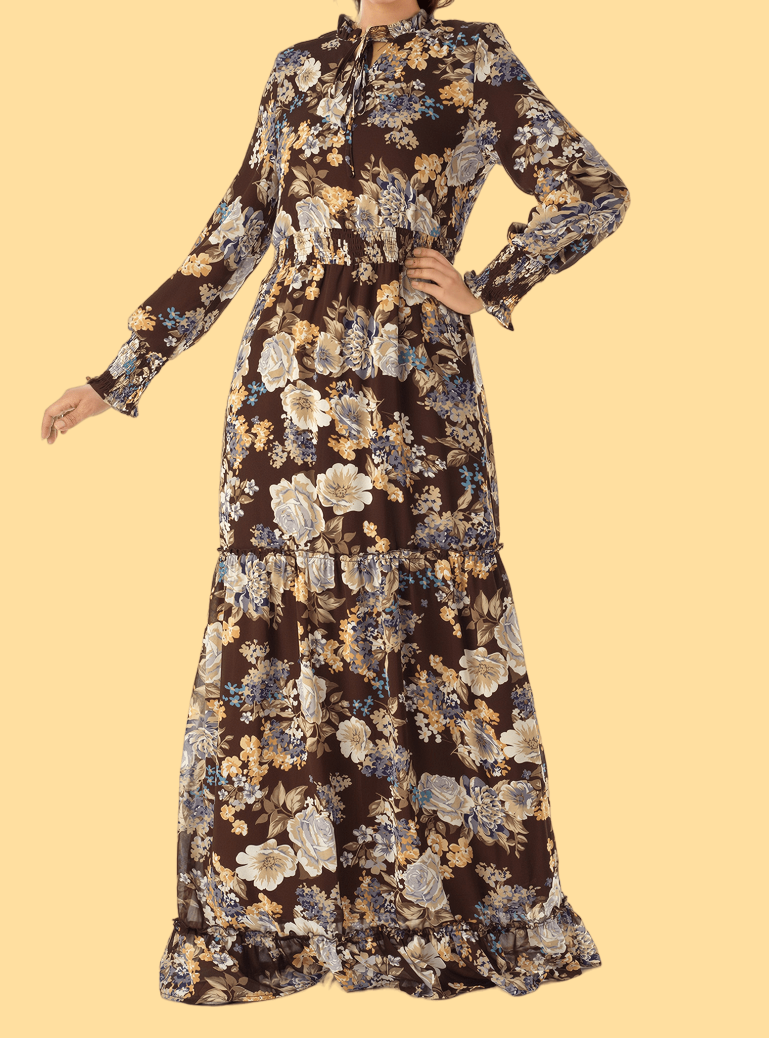 Sophie Brown Floral Smocked Maxi Dress