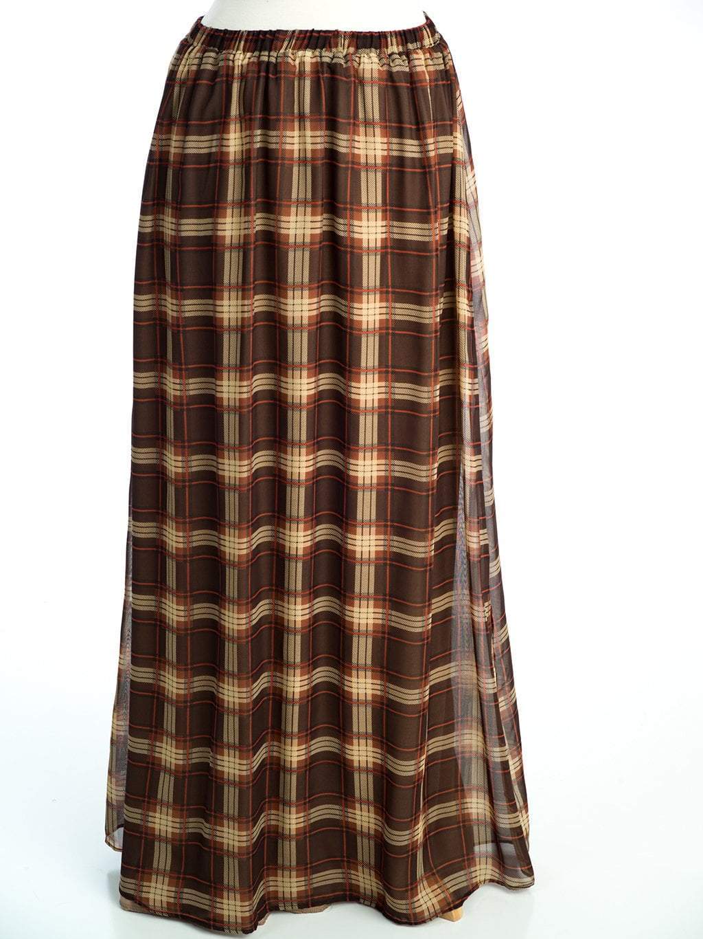 Everly Mocha Waffle-Plaid Chiffon Maxi Skirt