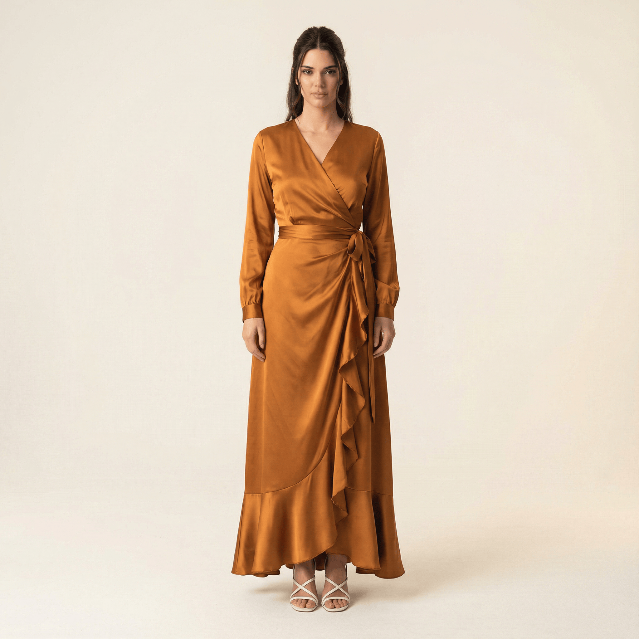 Colette Caramel Ruffle-Trim Satin Wrap Dress