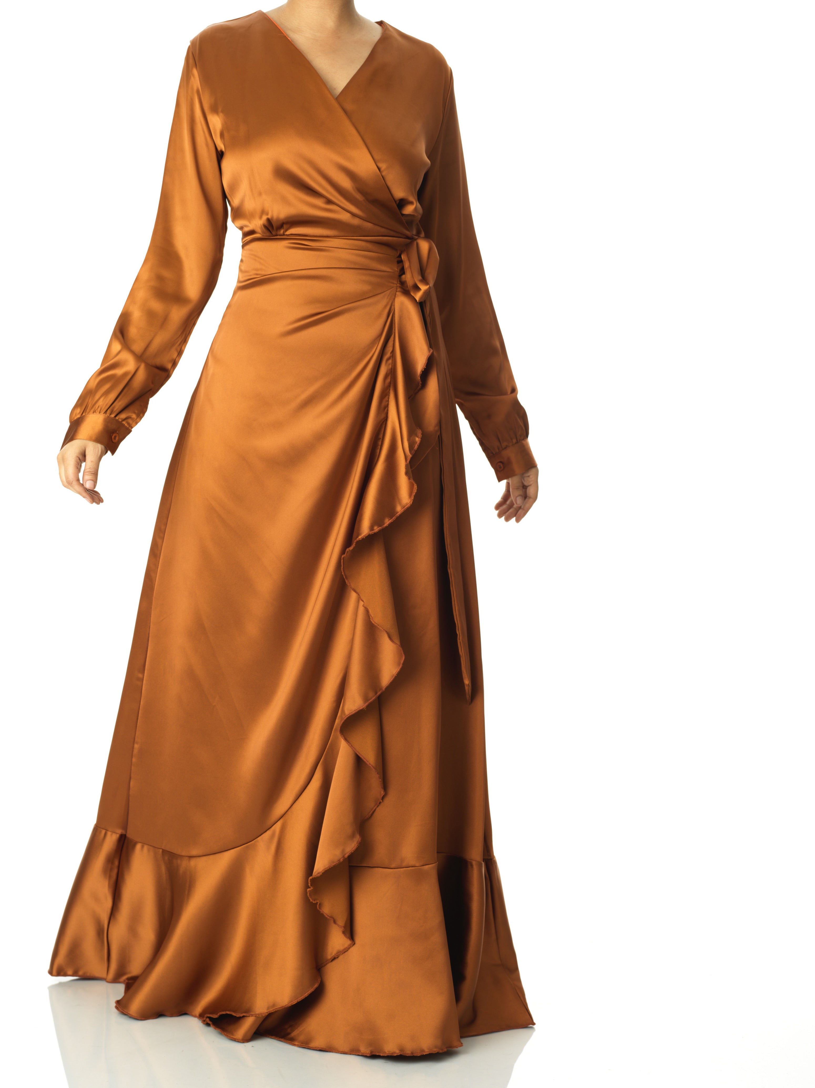 Colette Caramel Ruffle-Trim Satin Wrap Dress