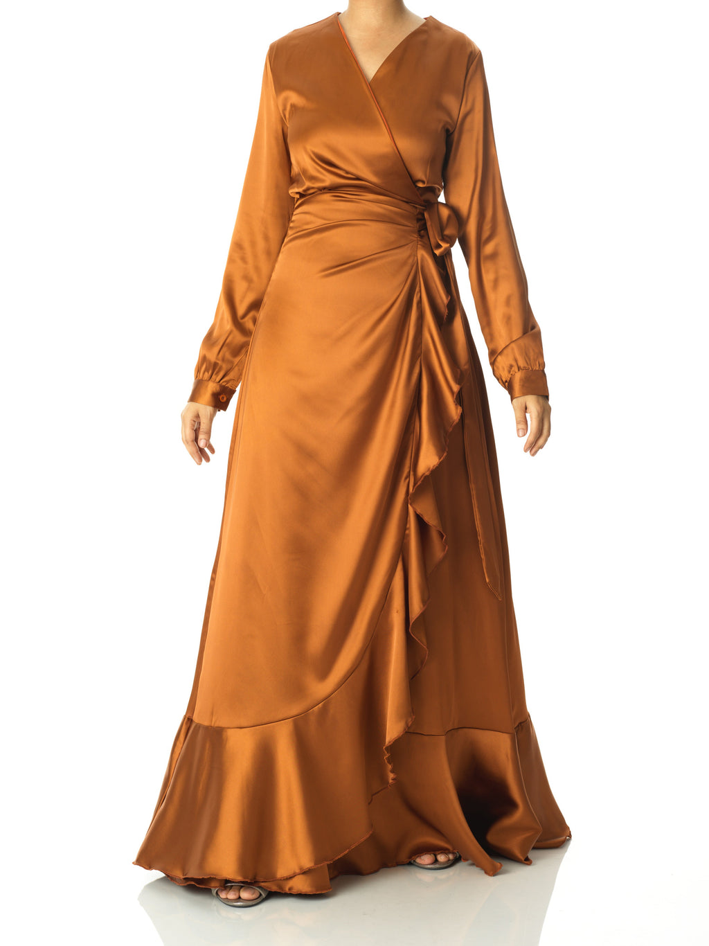 Colette Caramel Ruffle-Trim Satin Wrap Dress
