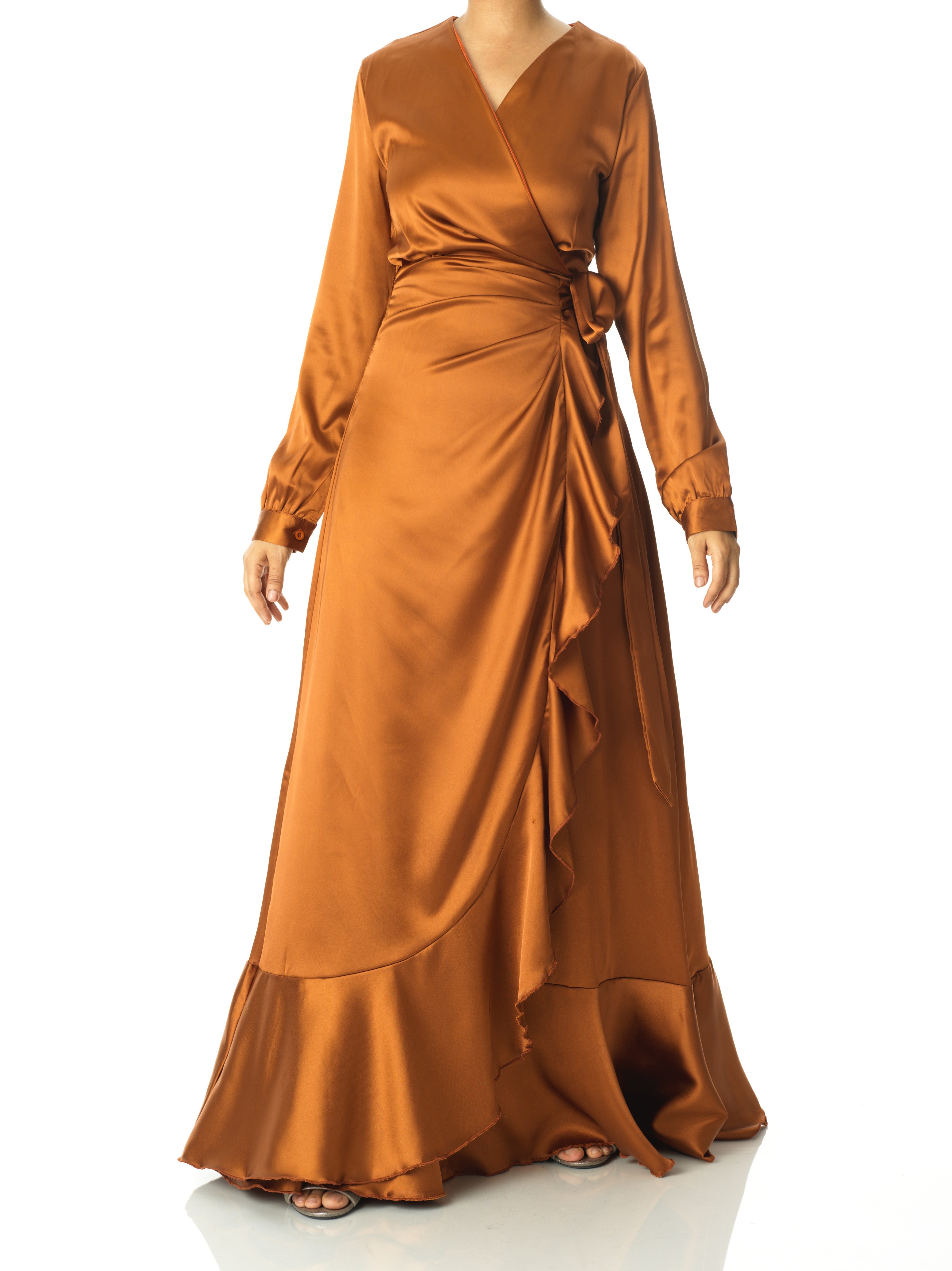 Colette Caramel Ruffle-Trim Satin Wrap Dress