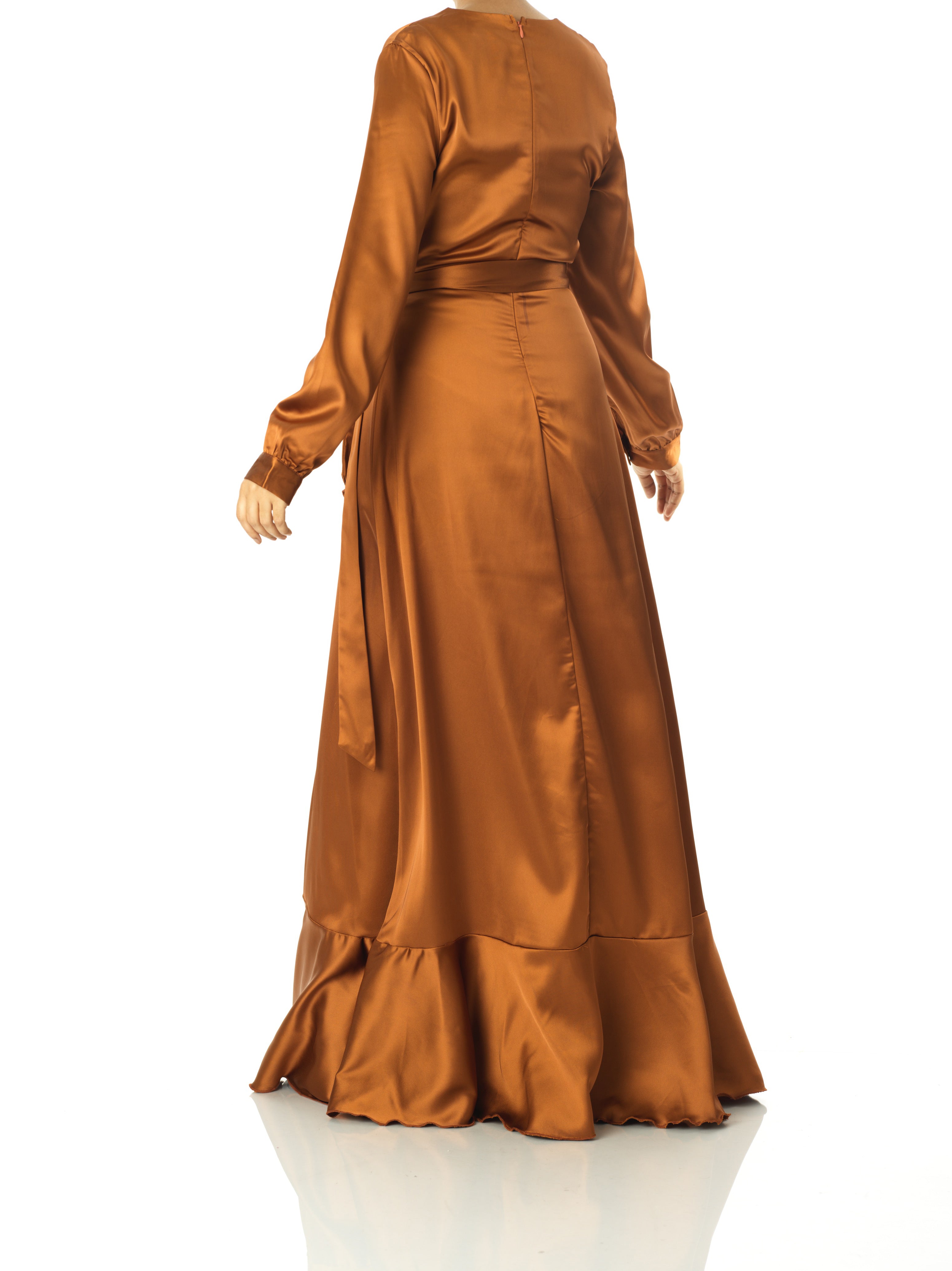 Colette Caramel Ruffle-Trim Satin Wrap Dress