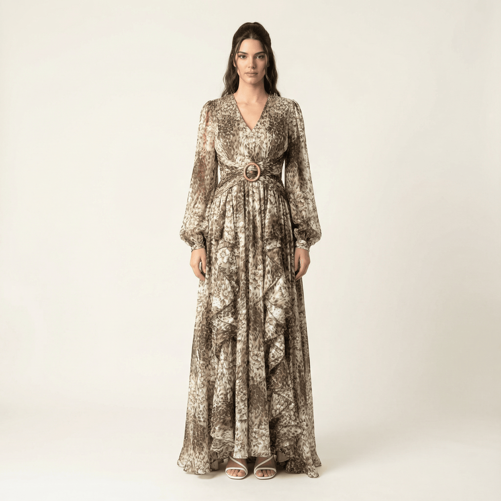 Ensley Chestnut Cheetah Floral Maxi Dress