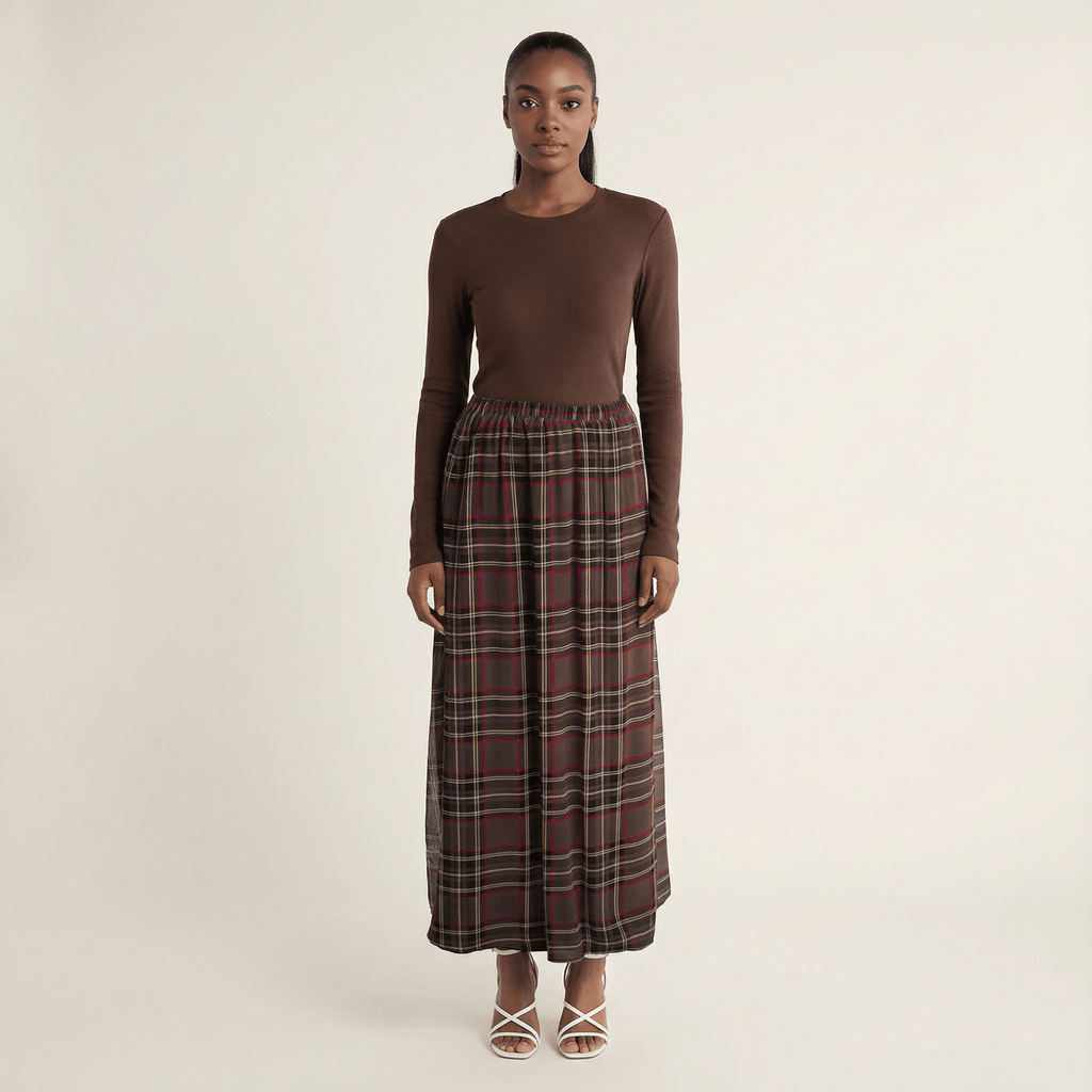 Everly Chocolate Waffle-Plaid Chiffon Maxi Skirt