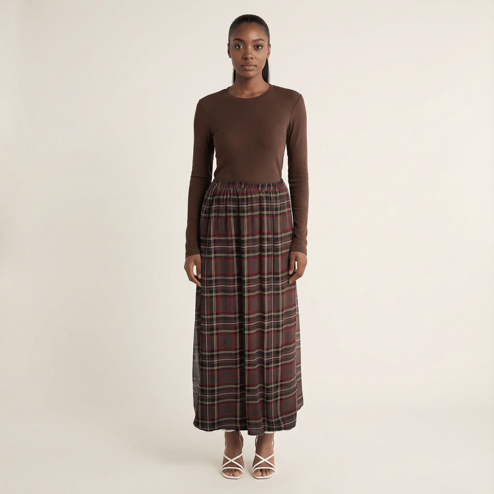 Everly Chocolate Waffle-Plaid Chiffon Maxi Skirt