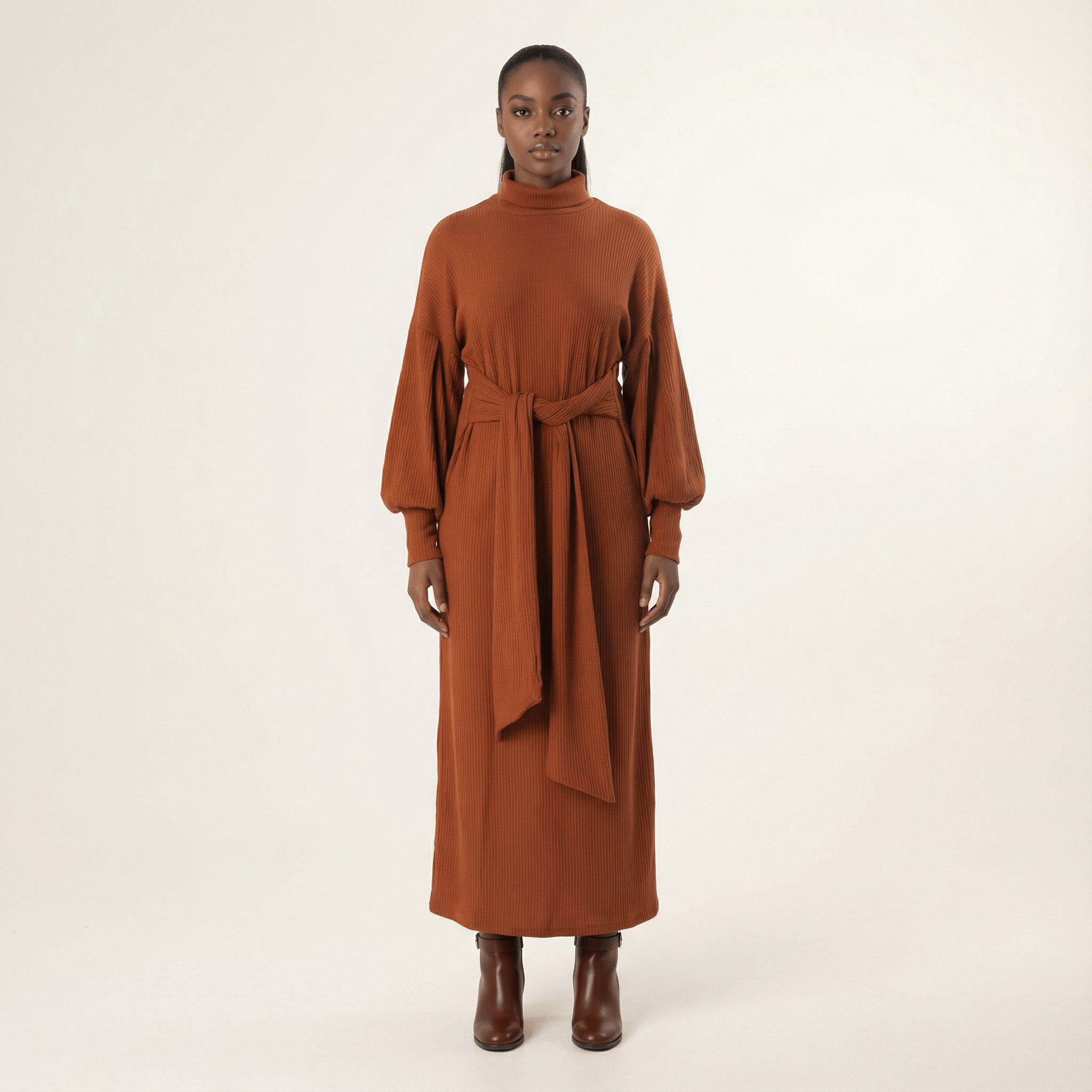 Vesper Cinnamon Ribbed Turtleneck Sweater Dress