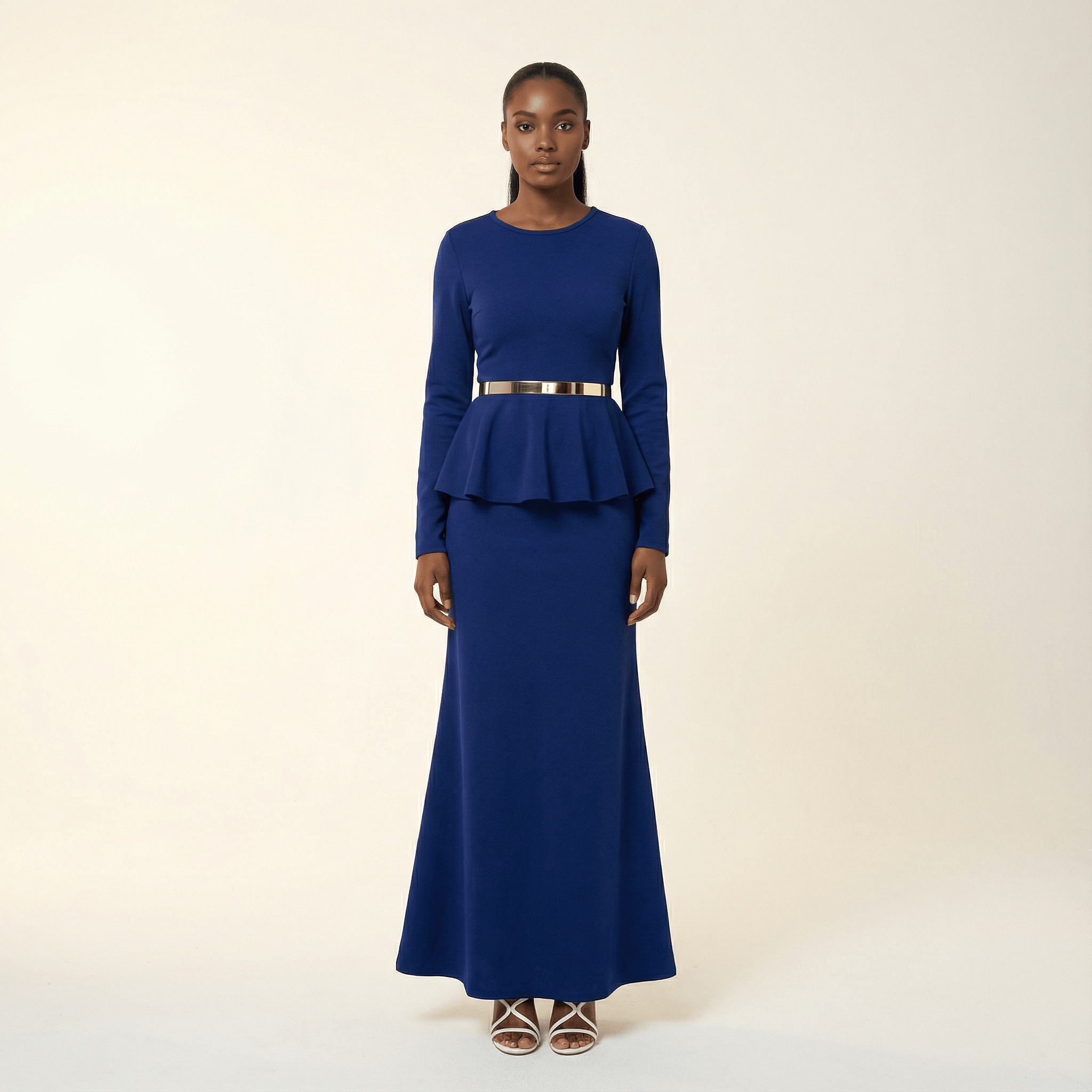 Sadie Navy Blue Classic Peplum Long-Sleeve Maxi Dress