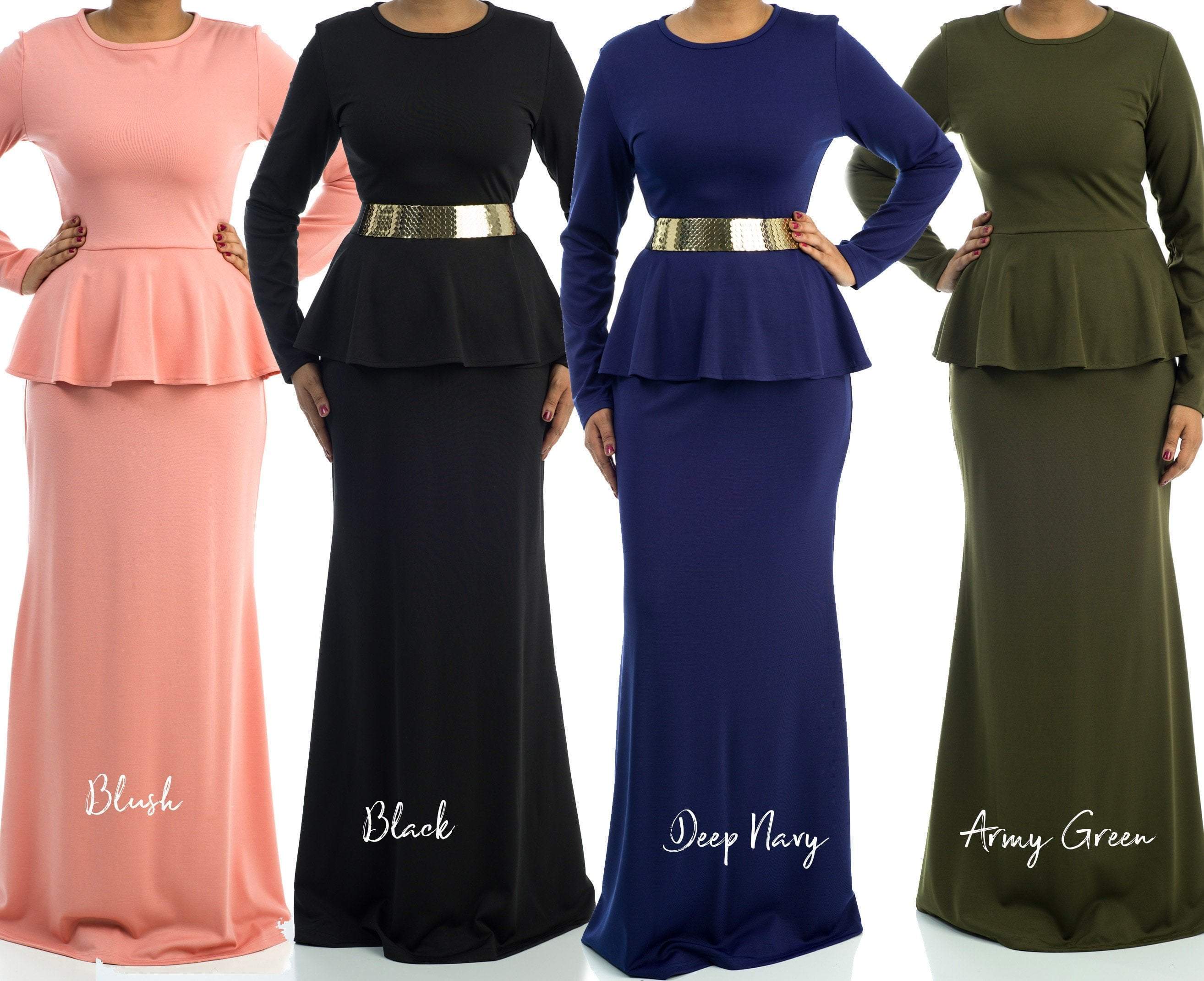 Sadie Black Classic Peplum Long-Sleeve Maxi Dress