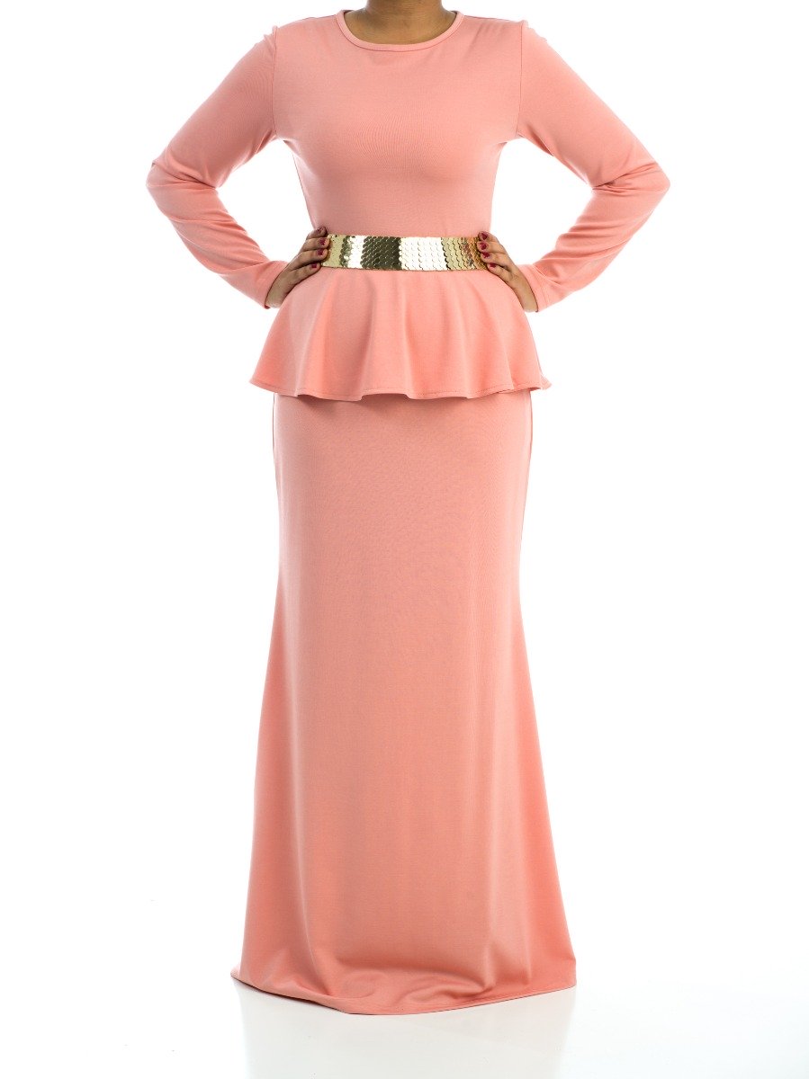 Sadie Blush Classic Peplum Long-Sleeve Maxi Dress