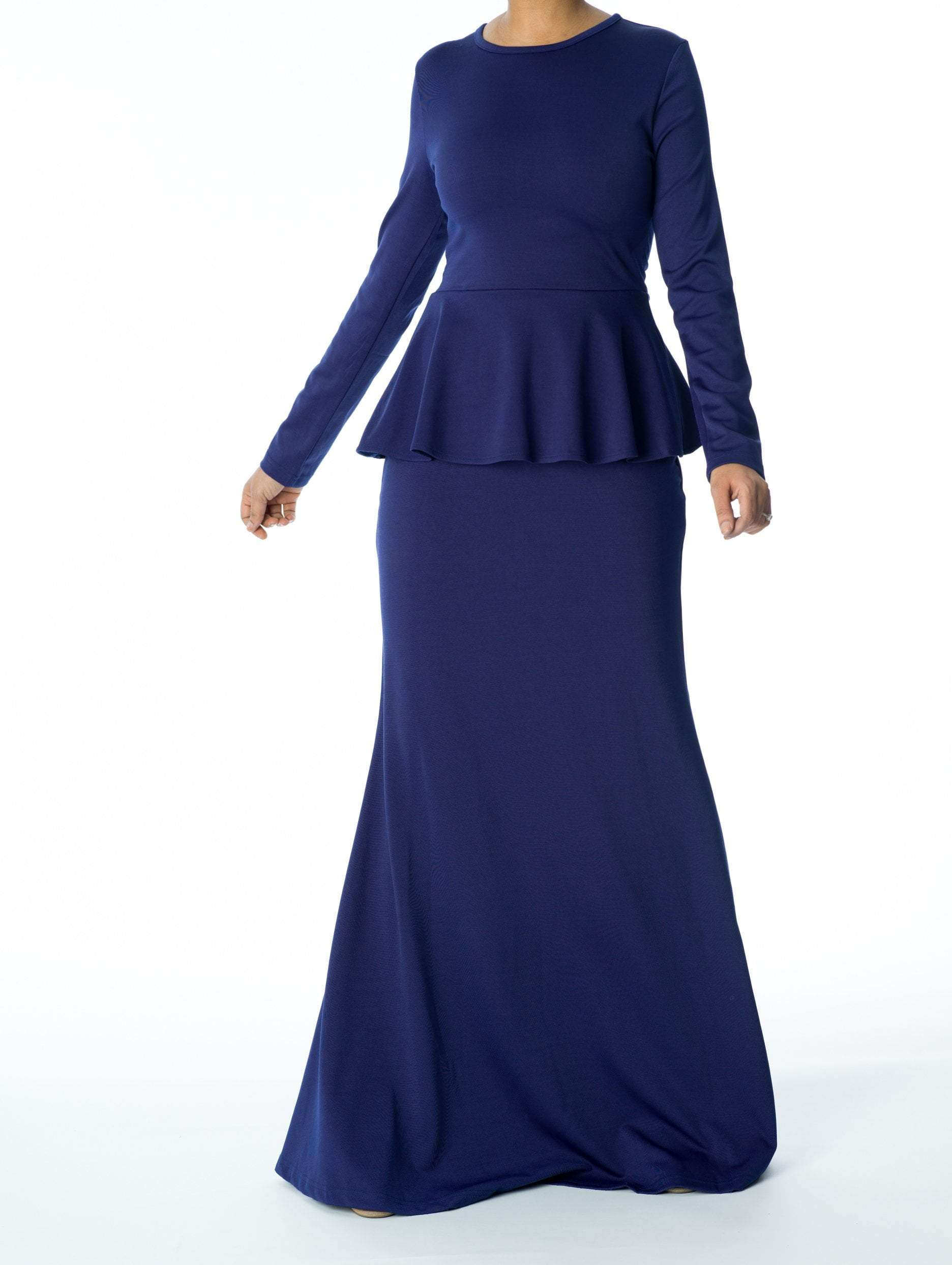Sadie Navy Blue Classic Peplum Long-Sleeve Maxi Dress