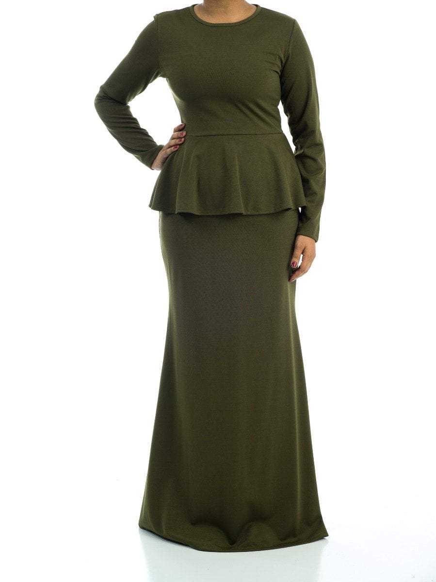 Sadie Olive Classic Peplum Long-Sleeve Maxi Dress