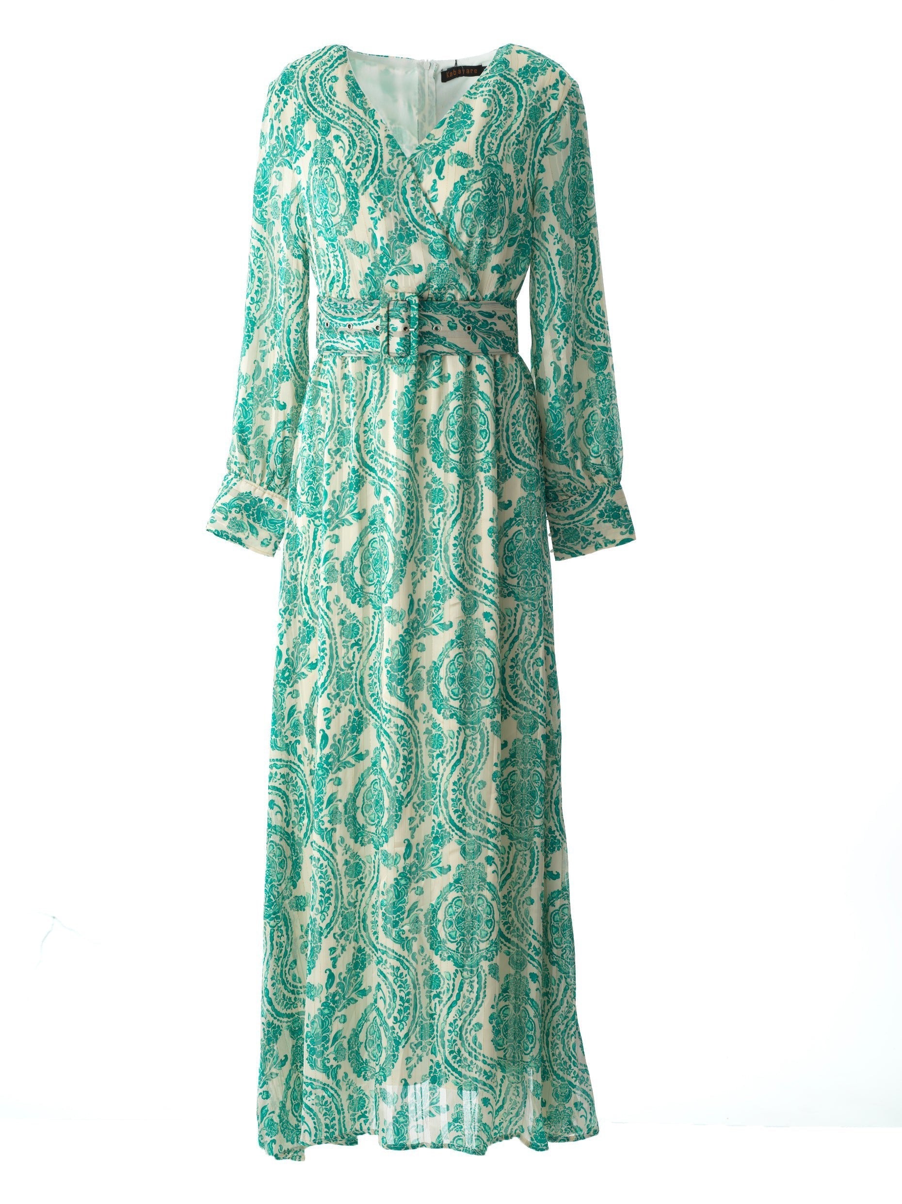 Marlow Teal Print V-Neck Chiffon Maxi Dress