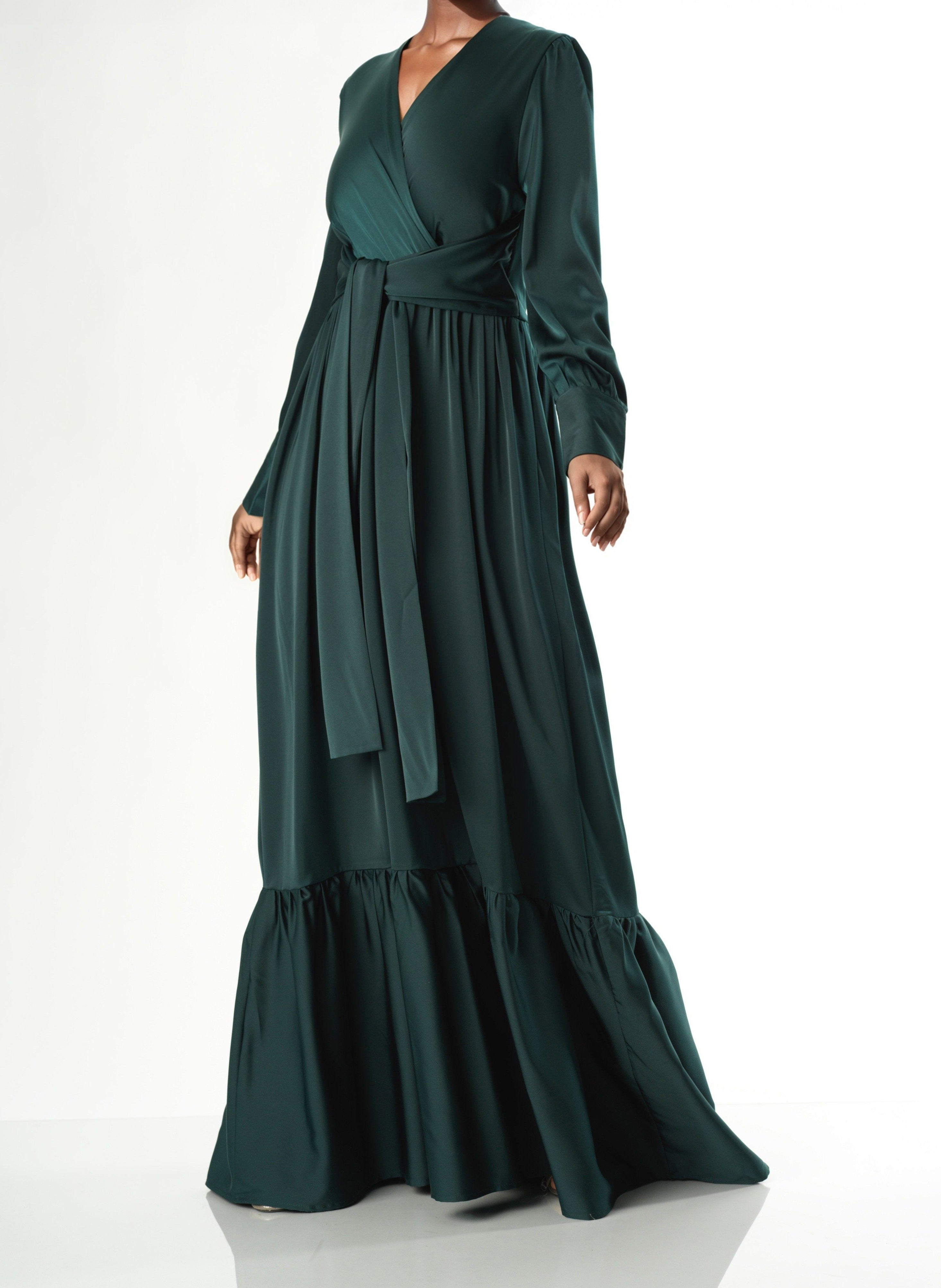 Sabine Green Satin Surplice Long-Sleeve Maxi Dress