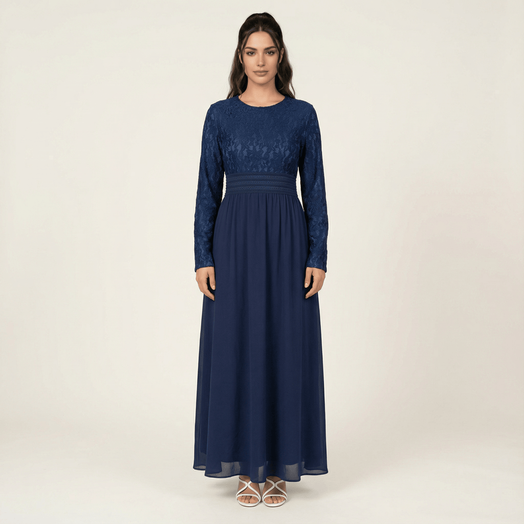 Zoe Navy Blue Lace & Crepe Maxi Dress