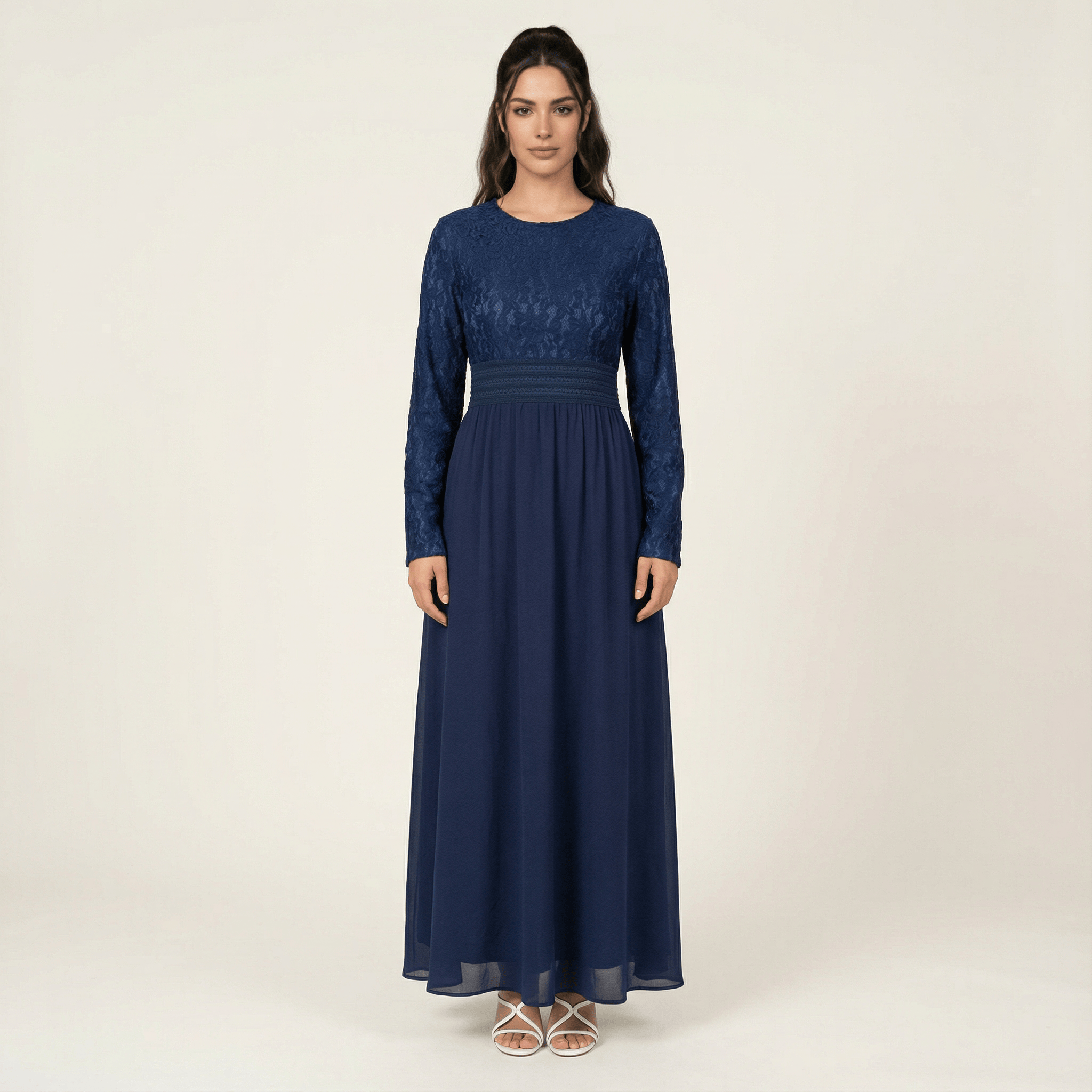 Zoe Navy Blue Lace & Crepe Maxi Dress