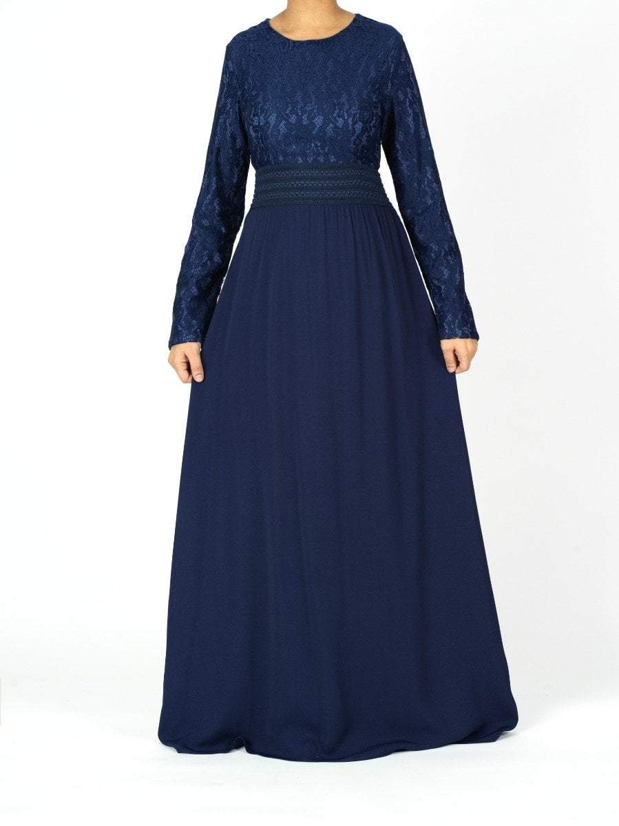 Zoe Navy Blue Lace & Crepe Maxi Dress