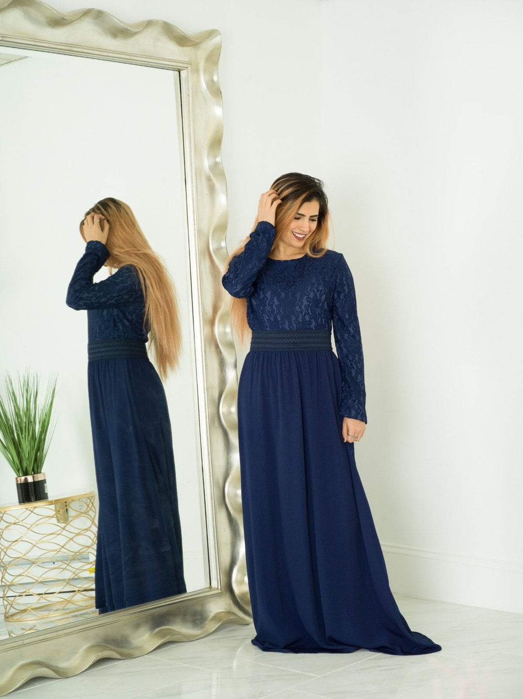 Zoe Navy Blue Lace & Crepe Maxi Dress