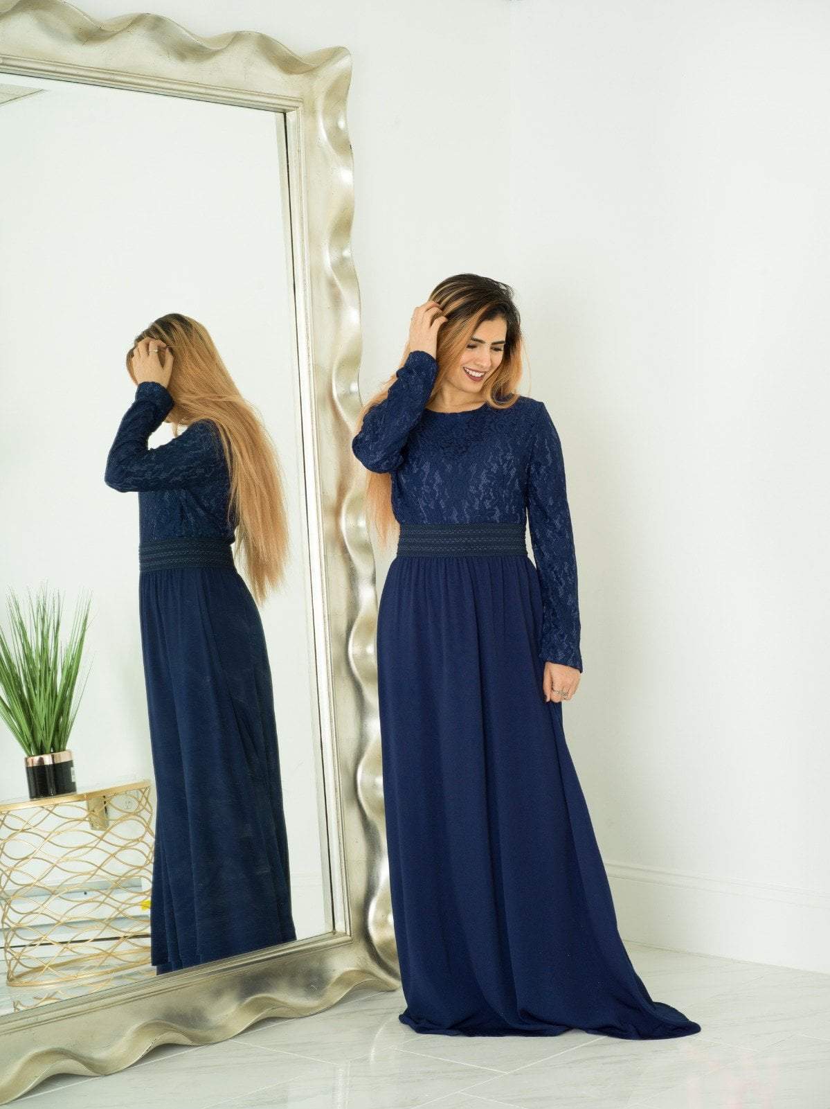 Zoe Navy Blue Lace & Crepe Maxi Dress