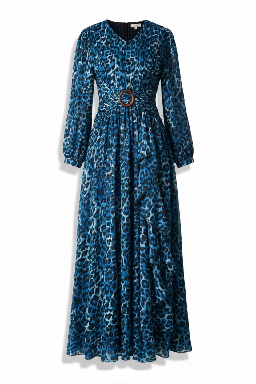 Emmaline Electric Cheetah-Print Long-Sleeve Maxi Dress