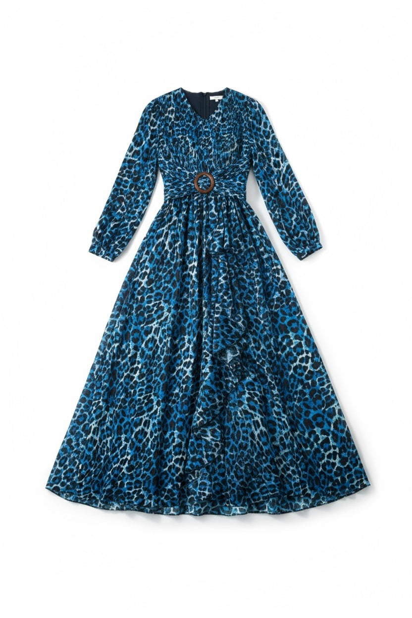 Emmaline Electric Cheetah-Print Long-Sleeve Maxi Dress