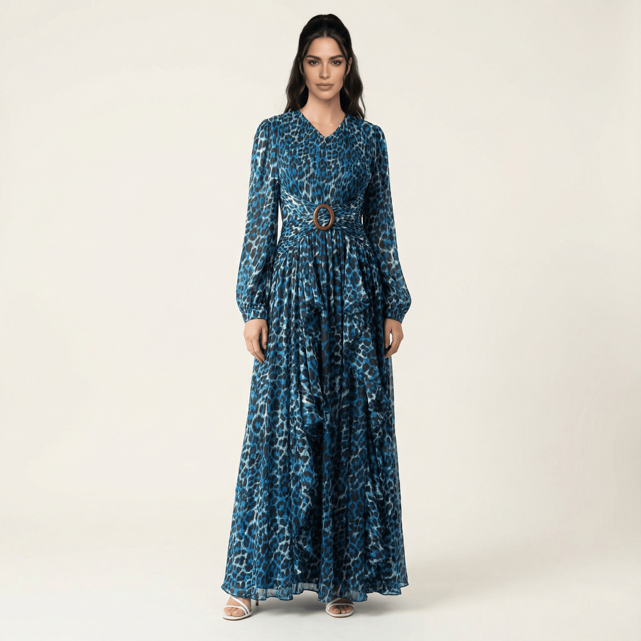 Emmaline Electric Cheetah-Print Long-Sleeve Maxi Dress