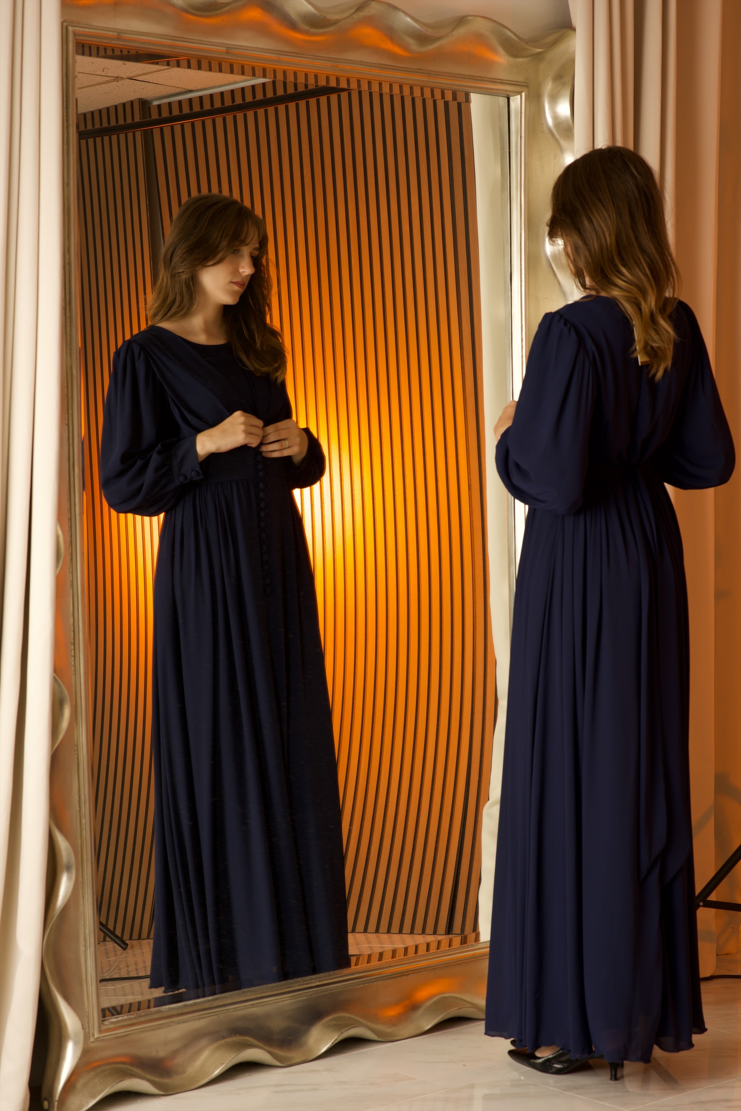 Georgiana Navy Button-Detail Maxi Dress