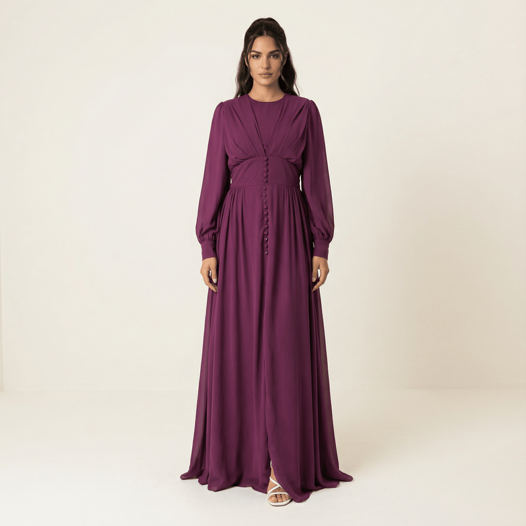 Georgiana Eggplant Button-Detail Maxi Dress