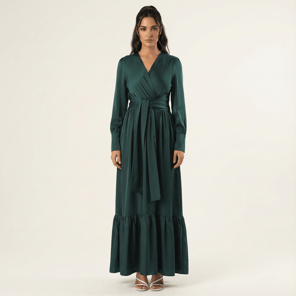 Sabine Green Satin Surplice Long-Sleeve Maxi Dress