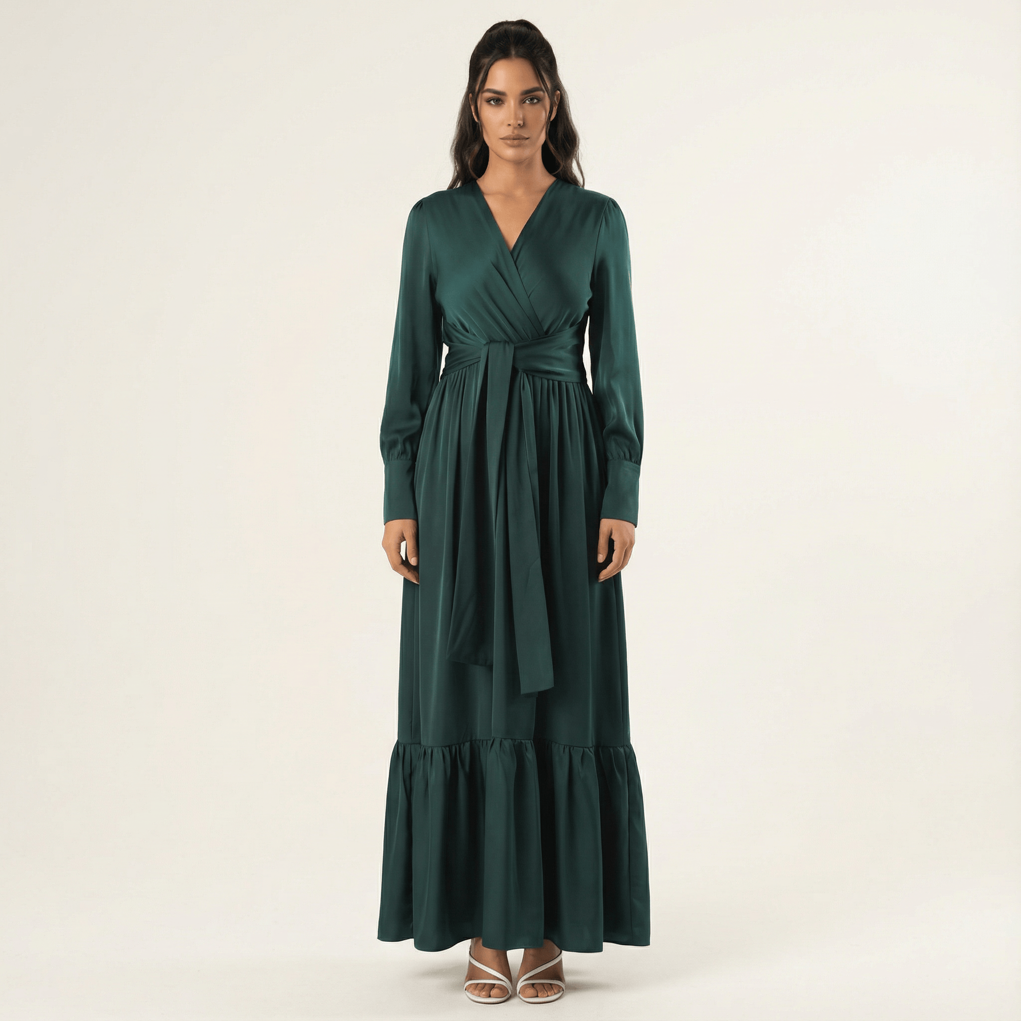 Sabine Green Satin Surplice Long-Sleeve Maxi Dress