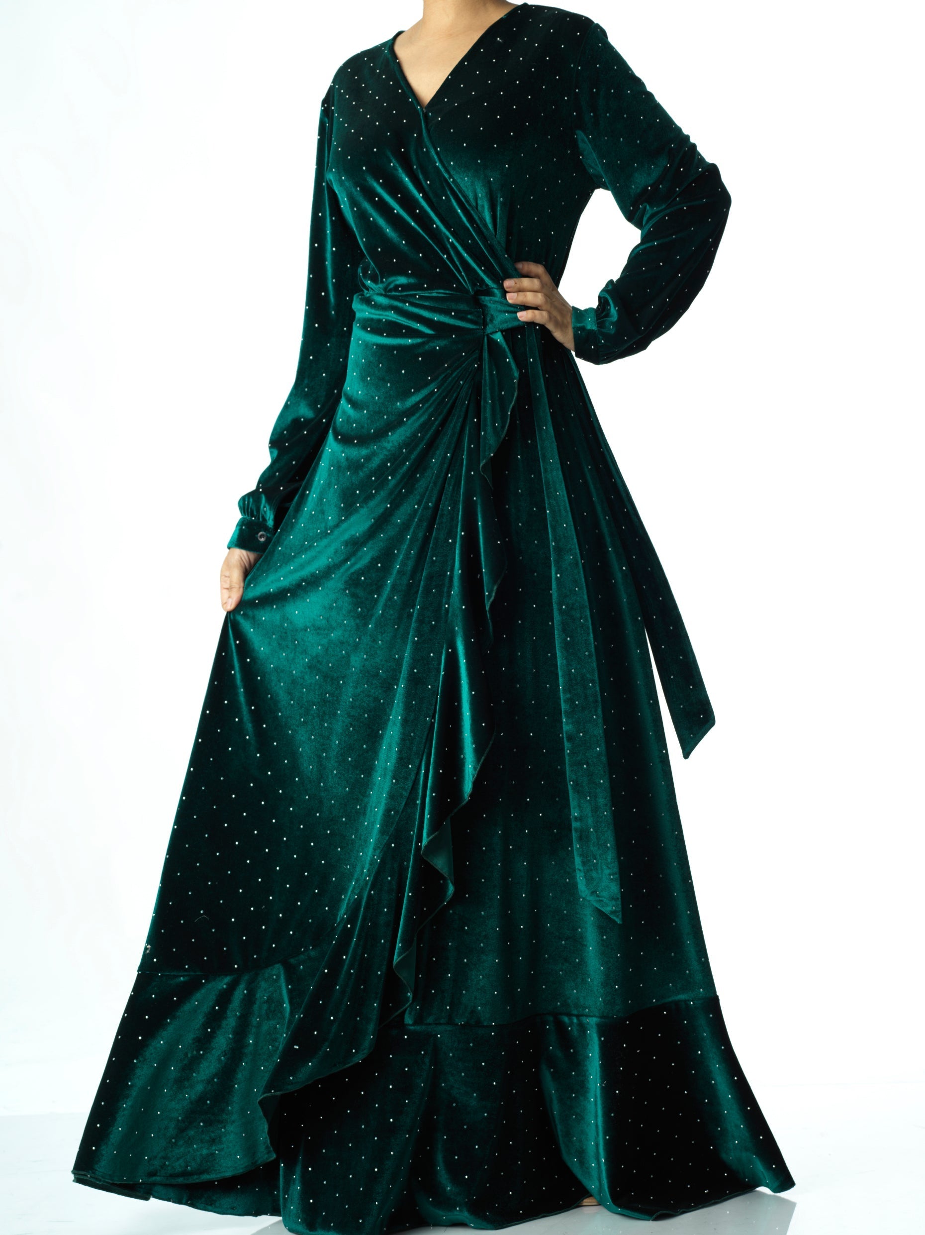 Devon Emerald Wrapped Velvet Maxi Dress
