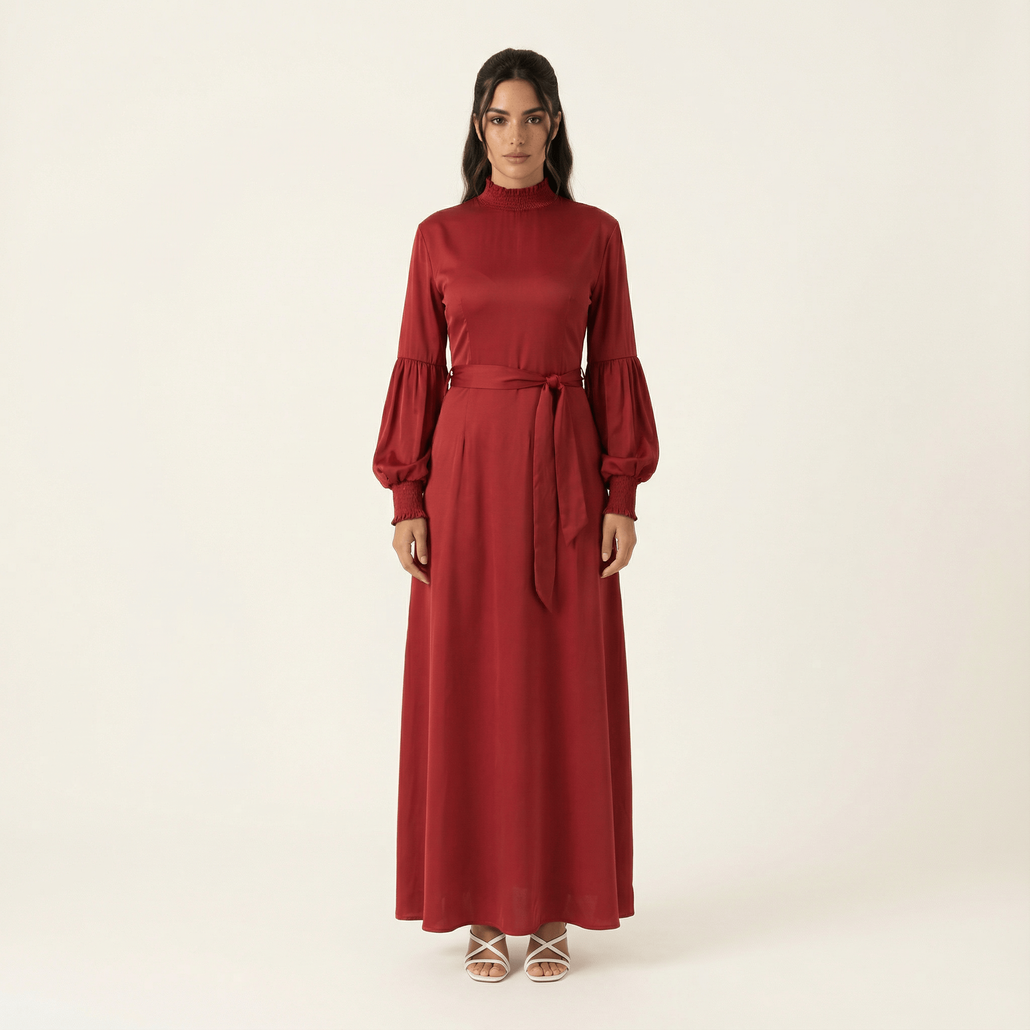 Sylvia Red Satin Long-Sleeve Maxi Dress