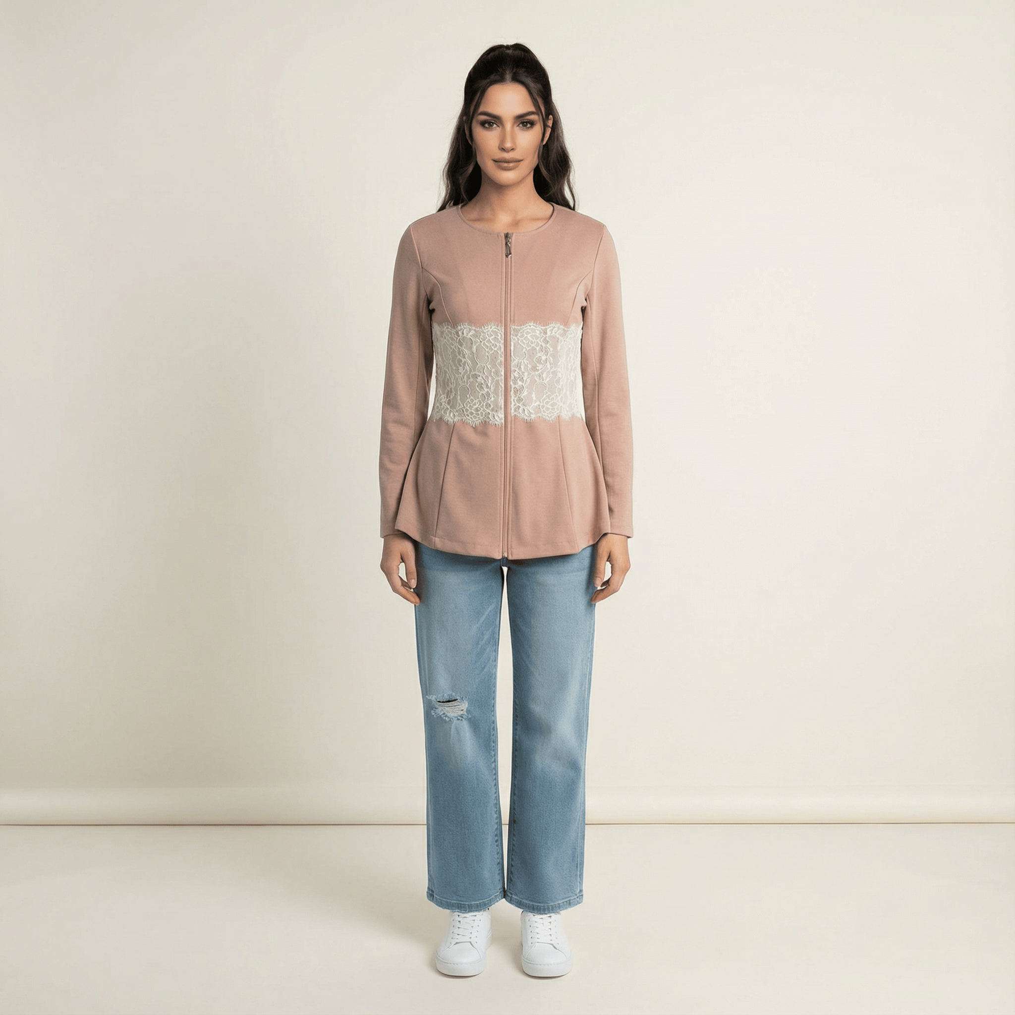Lainey Blush Lace-Detail Zip Jacket