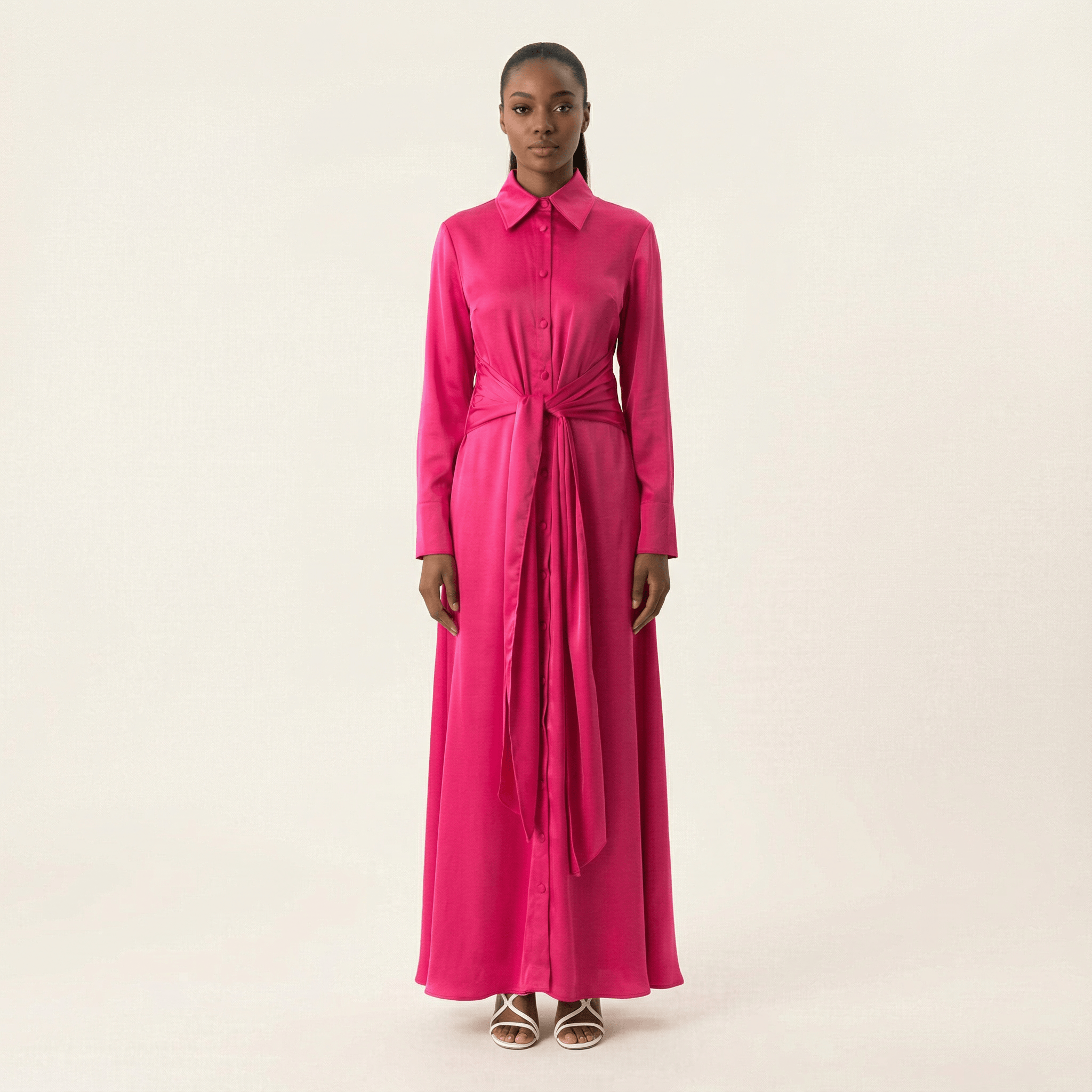 Lyric Magenta Satin Shirt-Dress Maxi