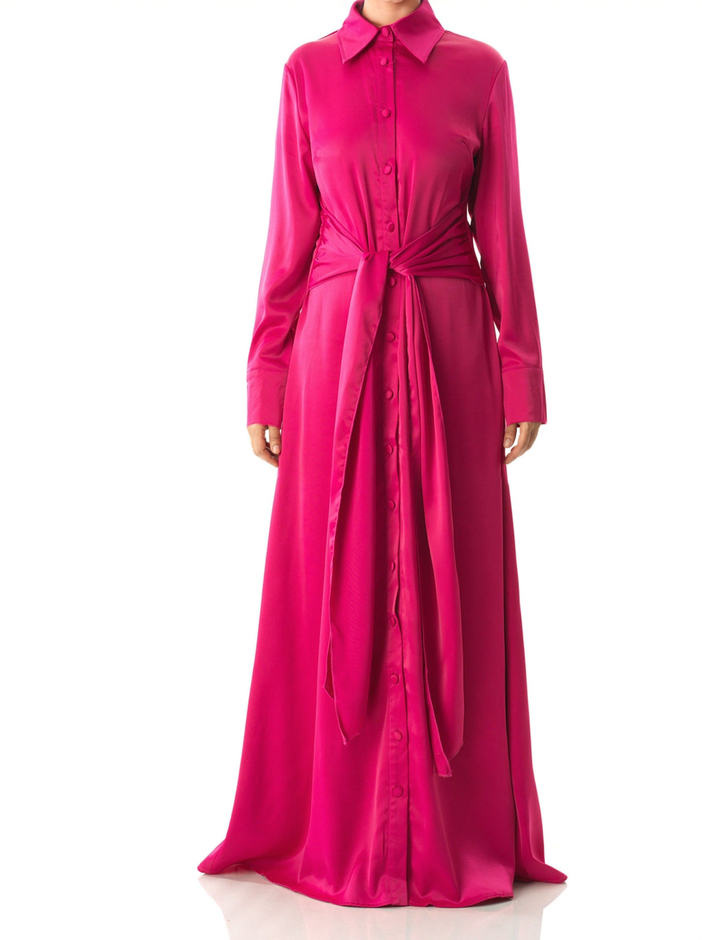 Lyric Magenta Satin Shirt-Dress Maxi
