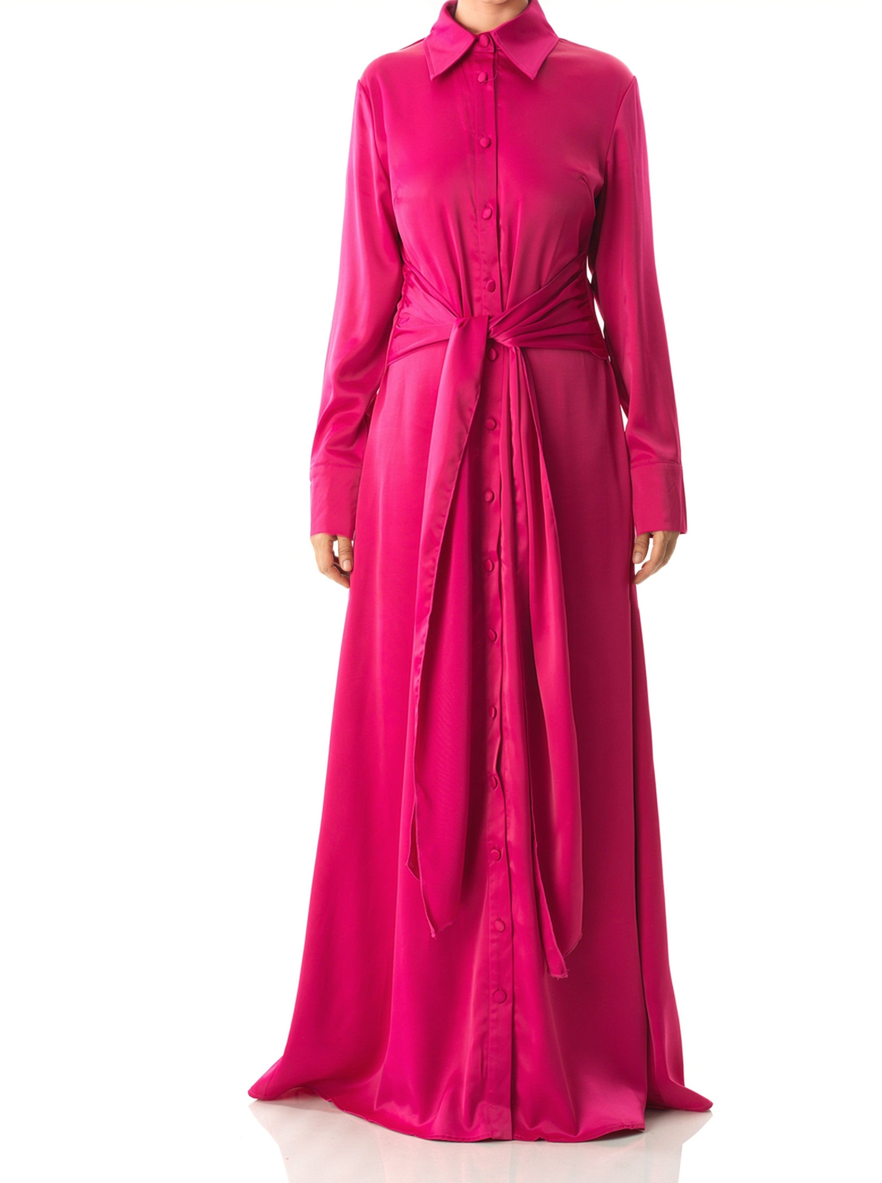Lyric Magenta Satin Shirt-Dress Maxi