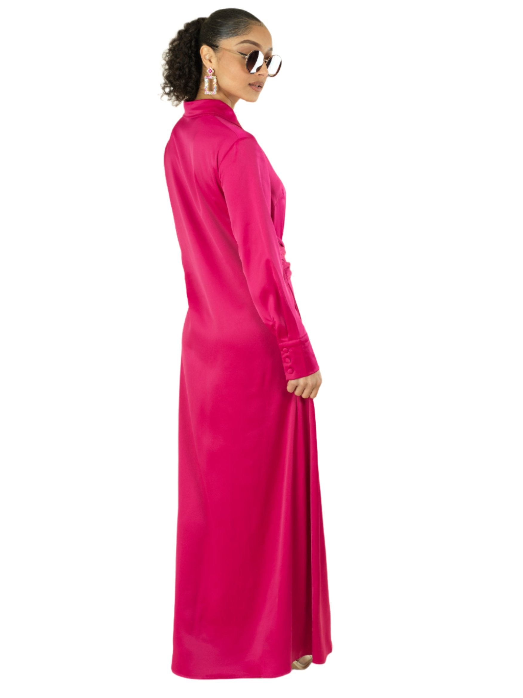 Lyric Magenta Satin Shirt-Dress Maxi