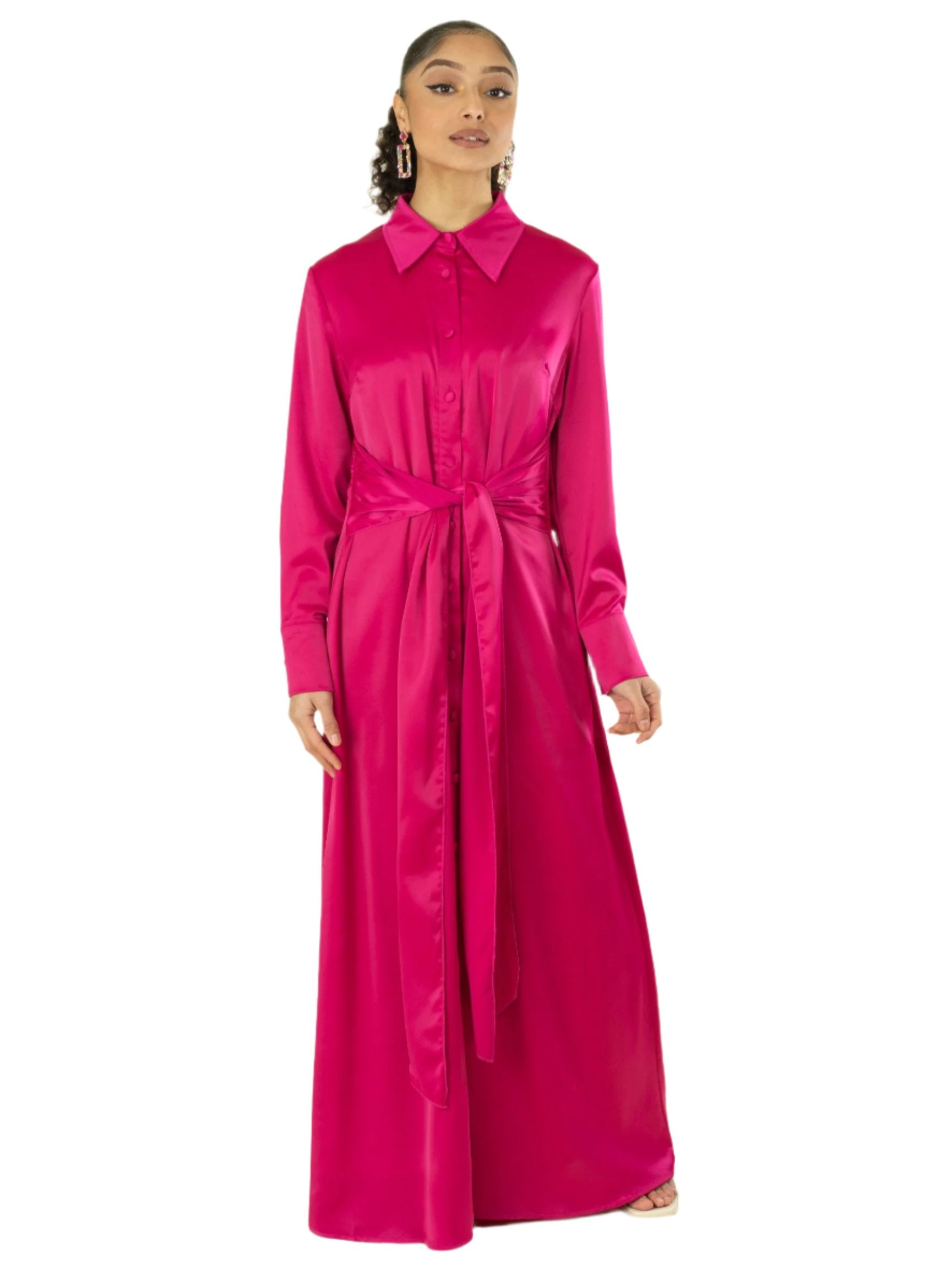 Lyric Magenta Satin Shirt-Dress Maxi