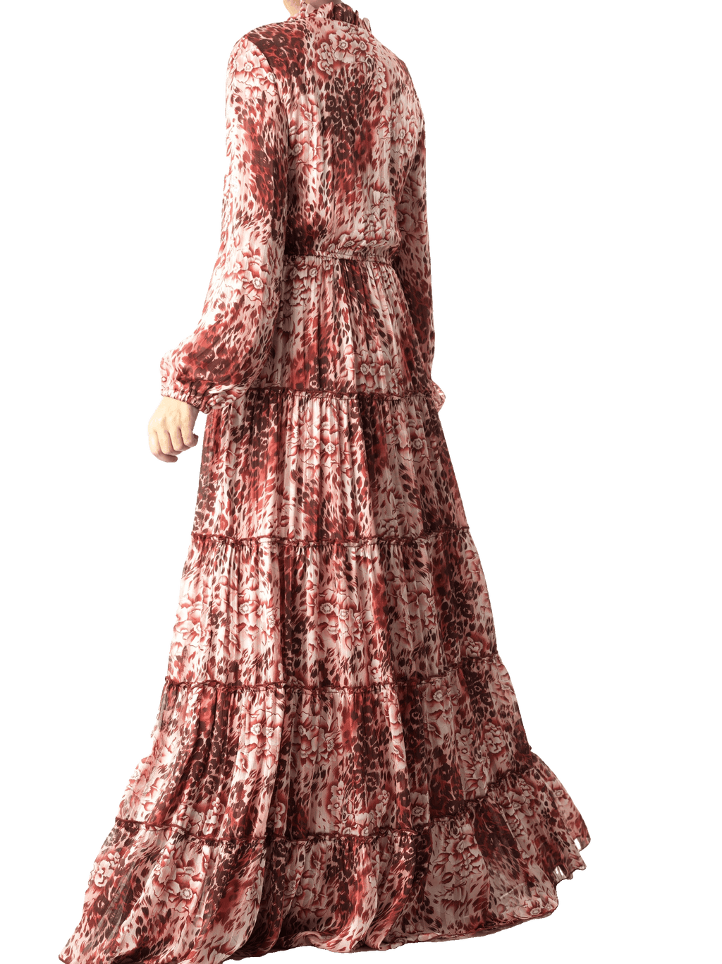 Hartley Maroon Cheetah-Floral Tiered Chiffon Maxi Dress